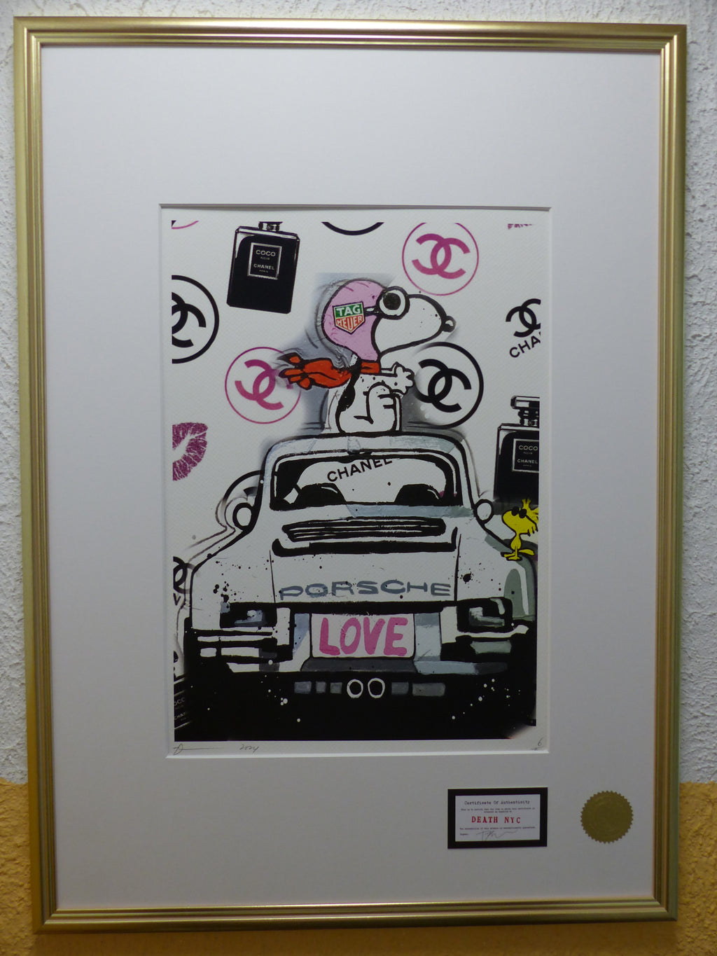 DEATH NYC Lithographie "Snoopy with Porsche" ltd. Edition of "120" 3D Siegel und COA