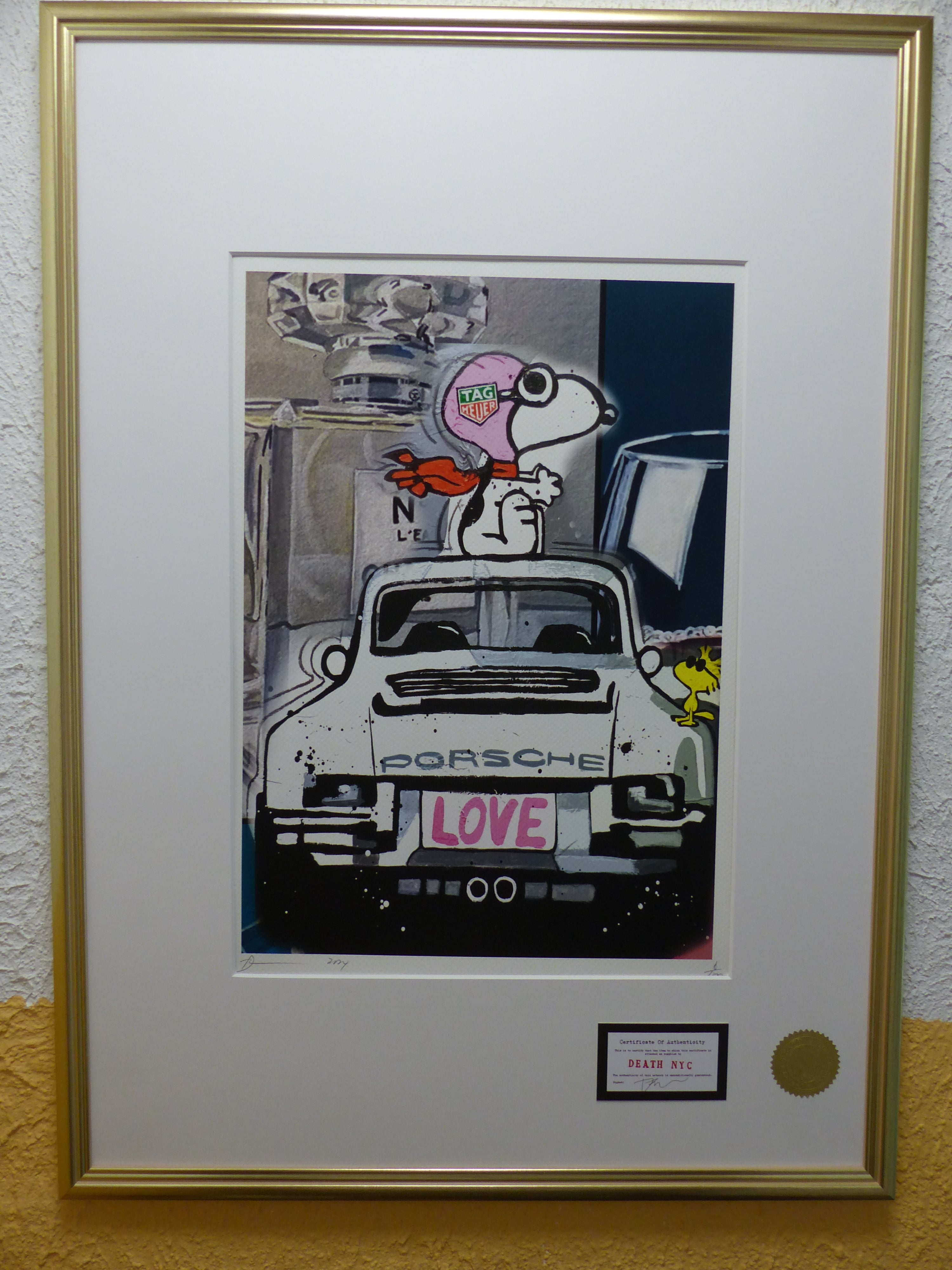 DEATH NYC Lithographie "Snoopy with Porsche" "im wertigen Holzrahmen" ltd.Edit. of "120" 3D Siegel COA