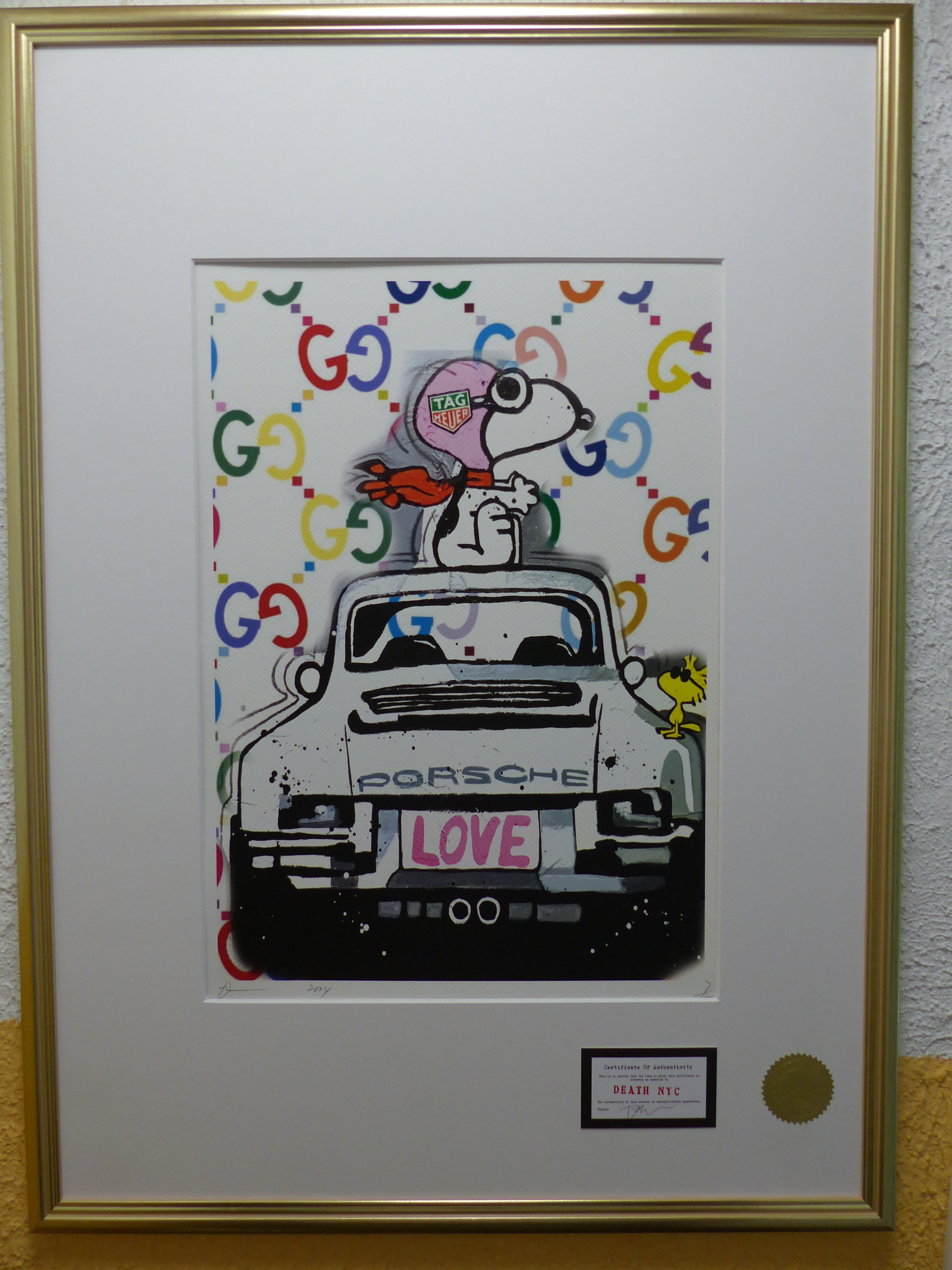 DEATH NYC Lithograpie Snoopy with Porsche im wertigen Holzrahmen ltd.Edit. of "120" COA 3D Siegel