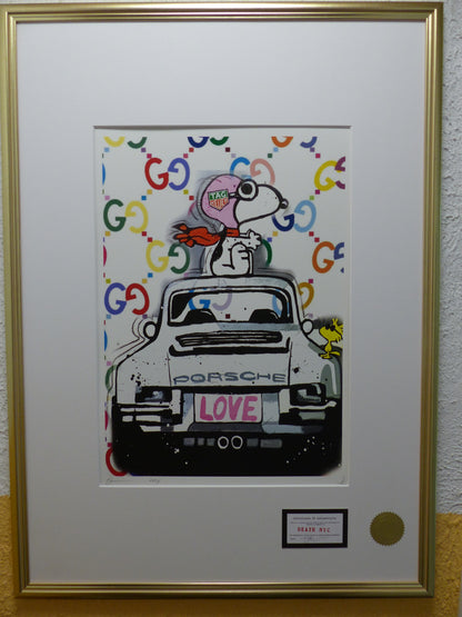 DEATH NYC Lithograpie Snoopy with Porsche im wertigen Holzrahmen ltd.Edit. of "120" COA 3D Siegel