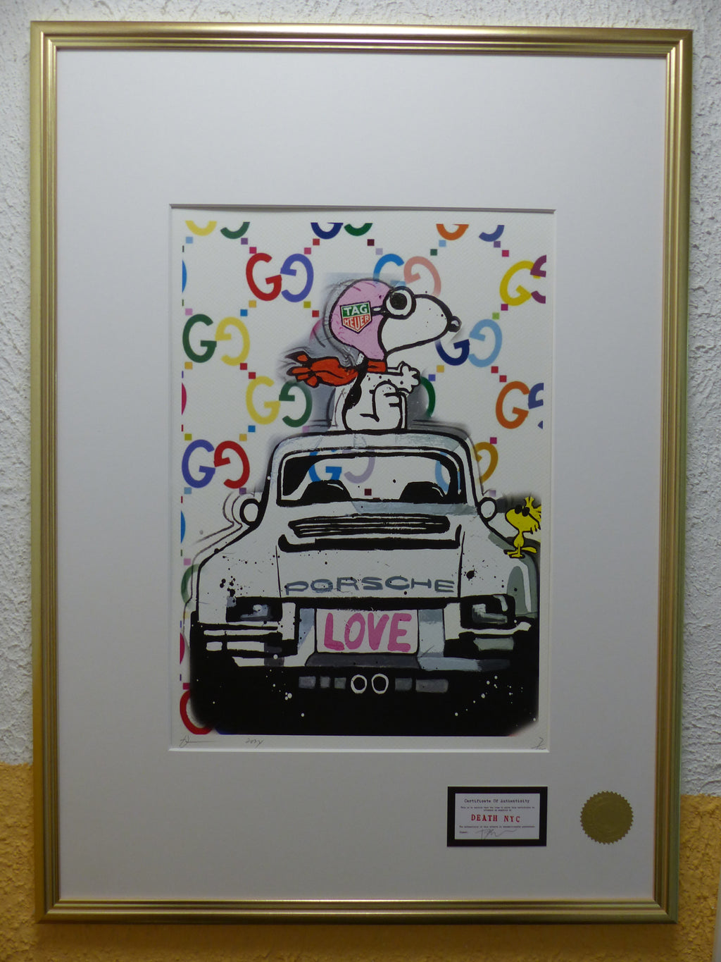 DEATH NYC Lithograpie Snoopy with Porsche im wertigen Holzrahmen ltd.Edit. of "120" COA 3D Siegel