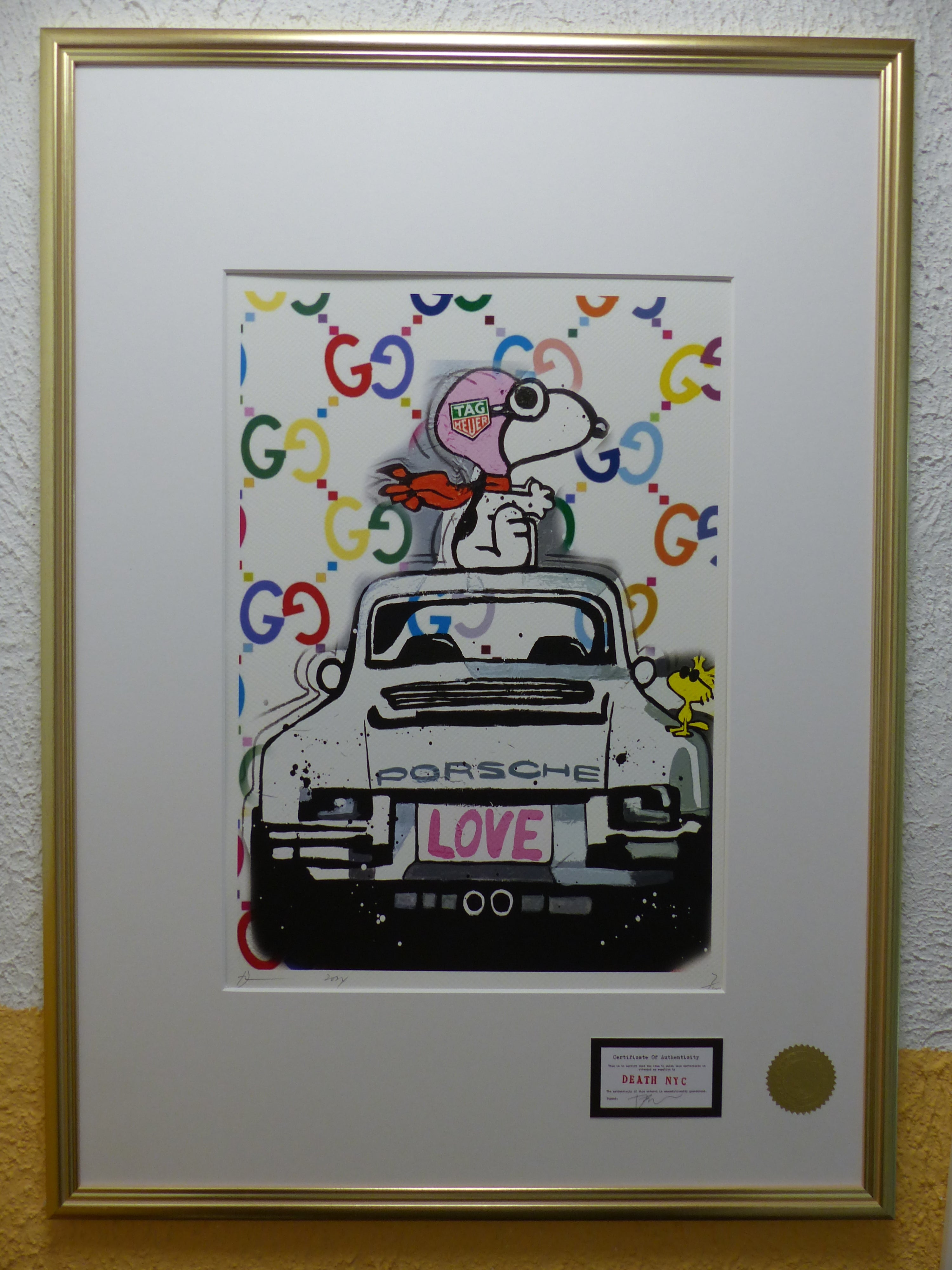 DEATH NYC Lithograpie Snoopy with Porsche im wertigen Holzrahmen ltd.Edit. of "120" COA 3D Siegel