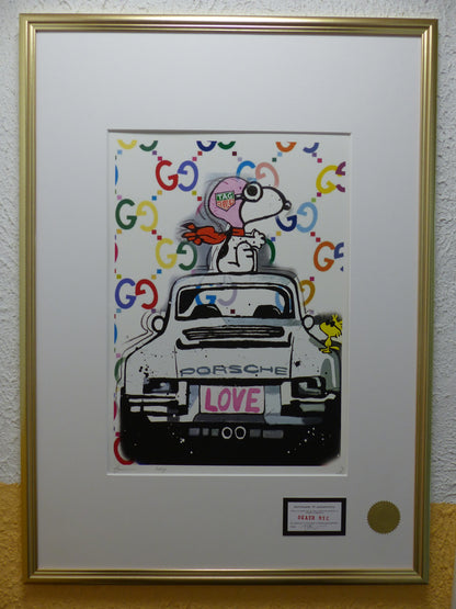 DEATH NYC Lithograpie Snoopy with Porsche im wertigen Holzrahmen ltd.Edit. of "120" COA 3D Siegel