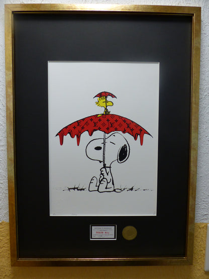 DEATH NYC fertig gerahmte Lithografie ltd. edition of "100" C.O.A. "Snoopy Woodstock chilling"
