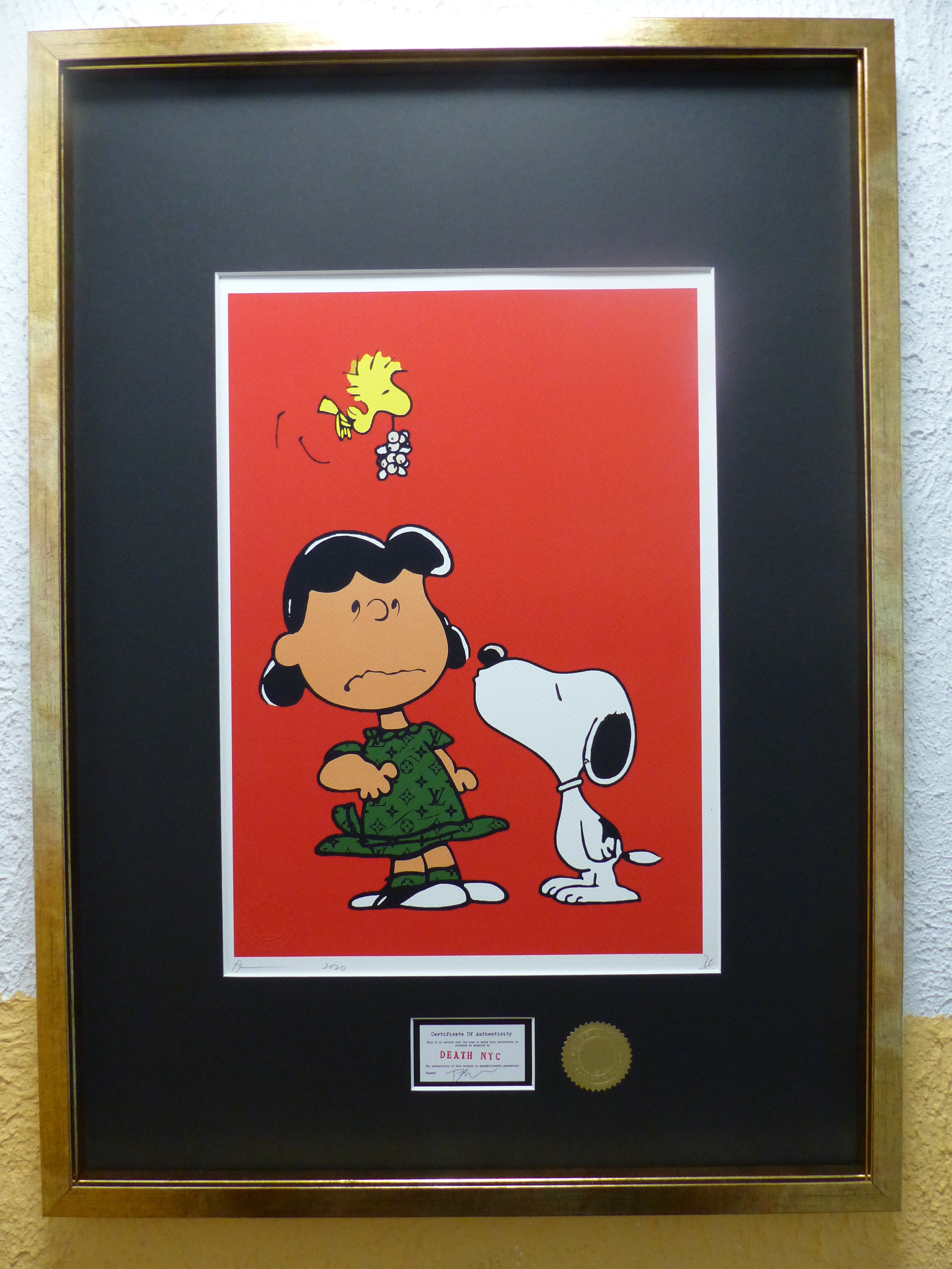 DEATH NYC "GERAHMT" Lithografie ltd. edition of 120 "Snoopy kiss Lucy" 3D Siegel COA