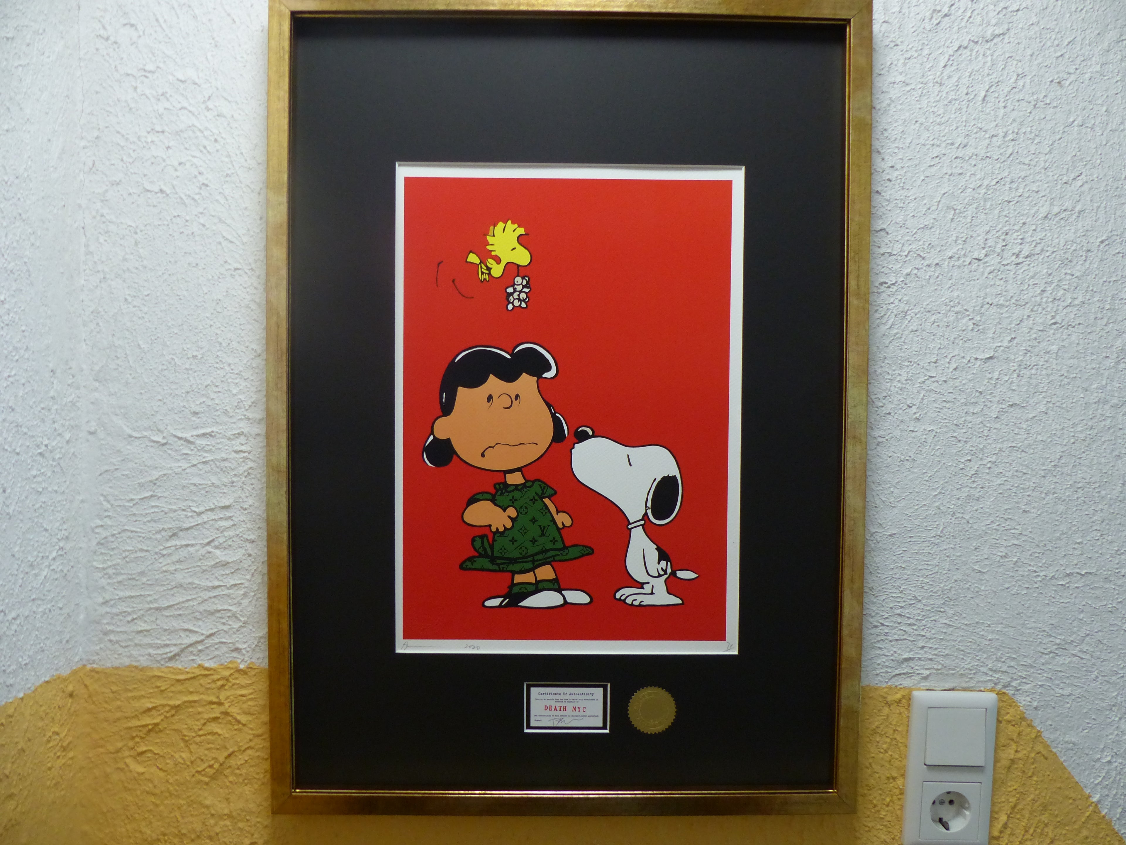 DEATH NYC "GERAHMT" Lithografie ltd. edition of 120 "Snoopy kiss Lucy" 3D Siegel COA