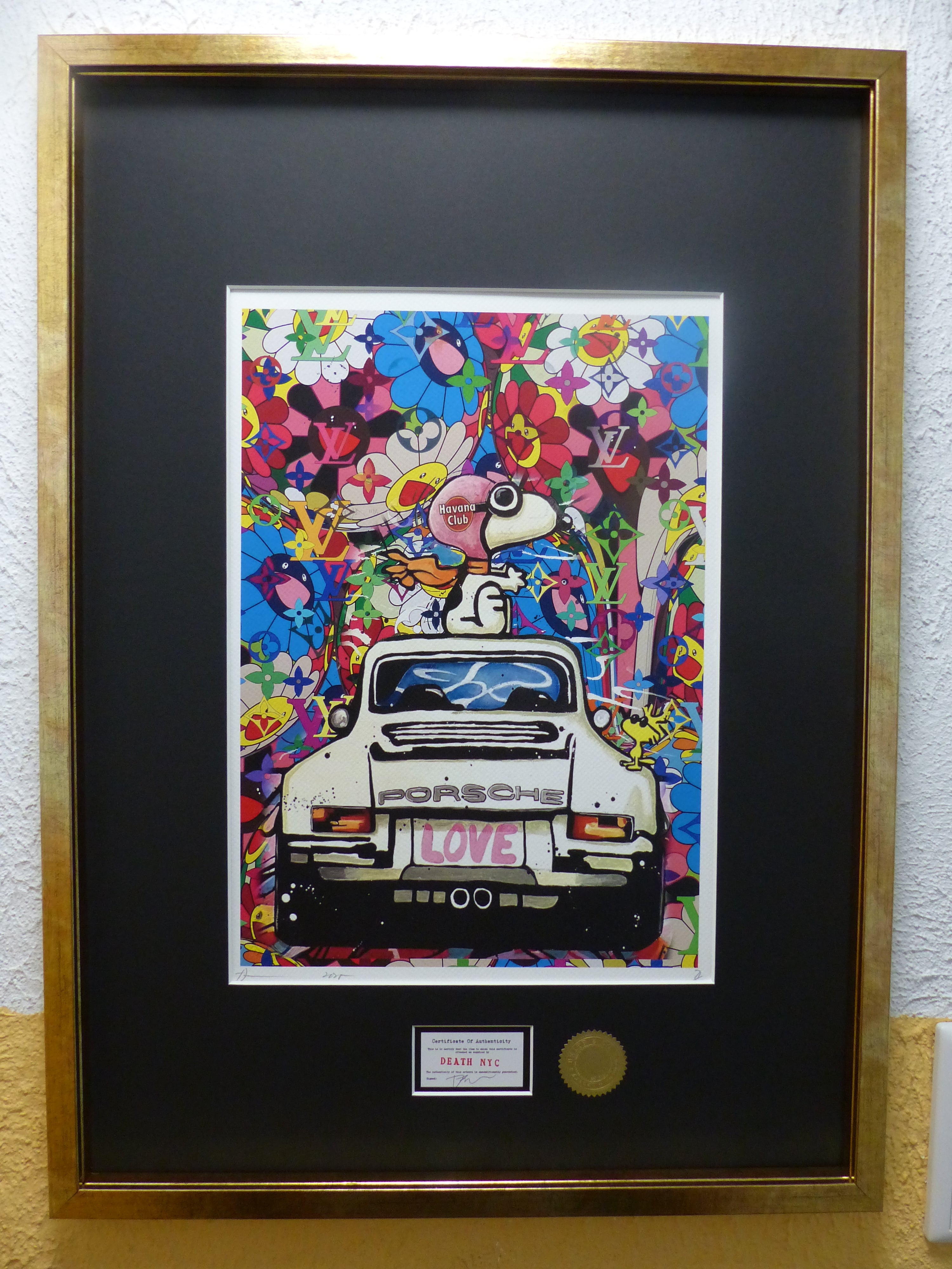 DEATH NYC Lithografie im wertigen Holzrahmen ltd.Edit. of 120 "Snoopy Porsche" 3D Siegel COA