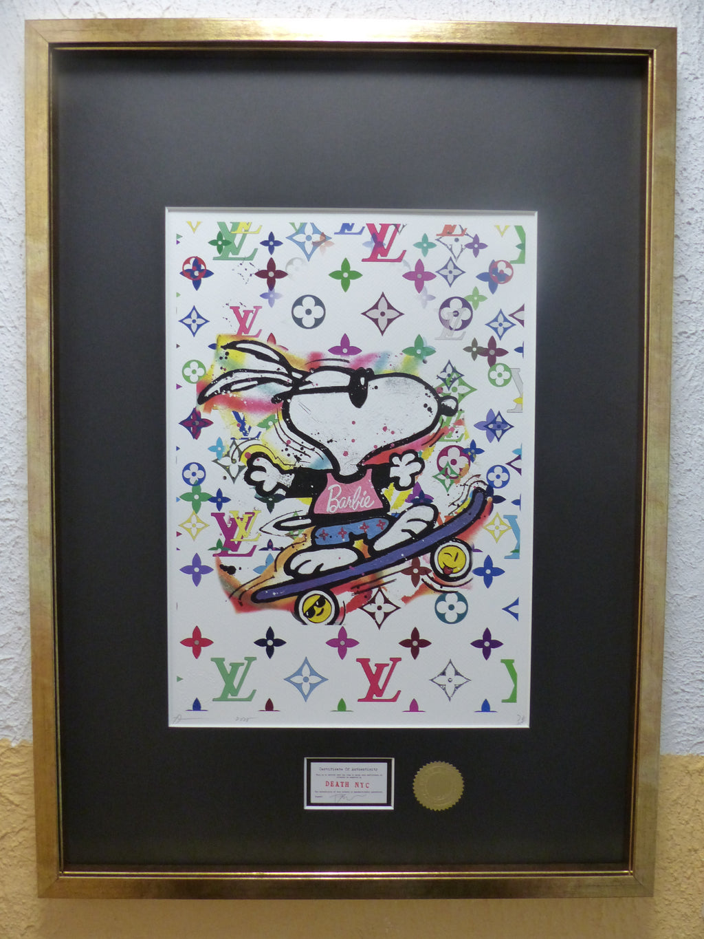 DEATH NYC fertig gerahmte Lithografie ltd. edition C.O.A. "Snoopy Barbie skateboard" 3D Siegel