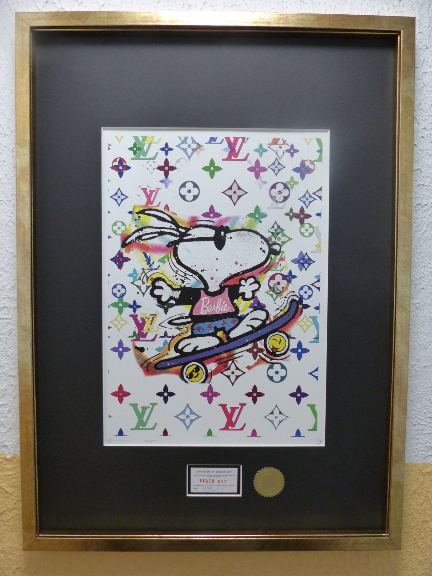 DEATH NYC fertig gerahmte Lithografie ltd. edition C.O.A. "Snoopy Barbie skateboard" 3D Siegel