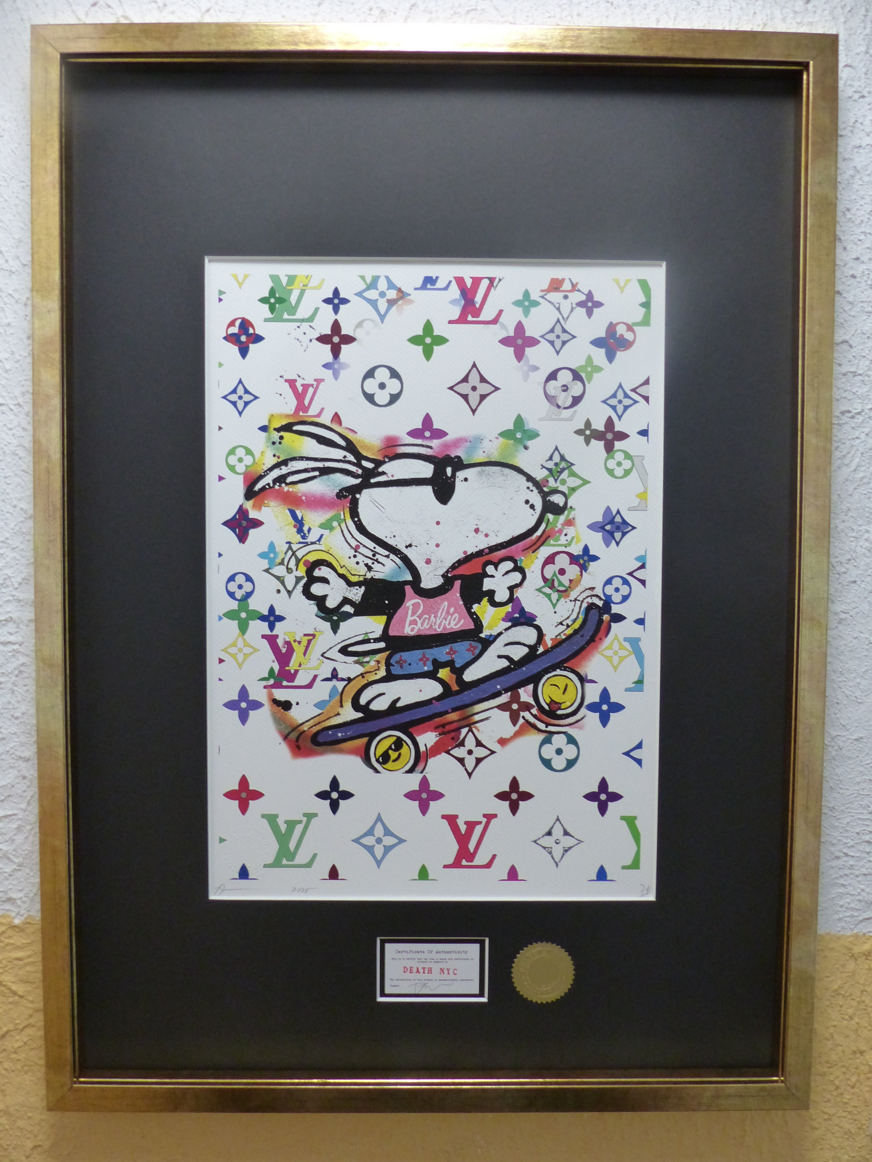 DEATH NYC fertig gerahmte Lithografie ltd. edition C.O.A. "Snoopy Barbie skateboard" 3D Siegel