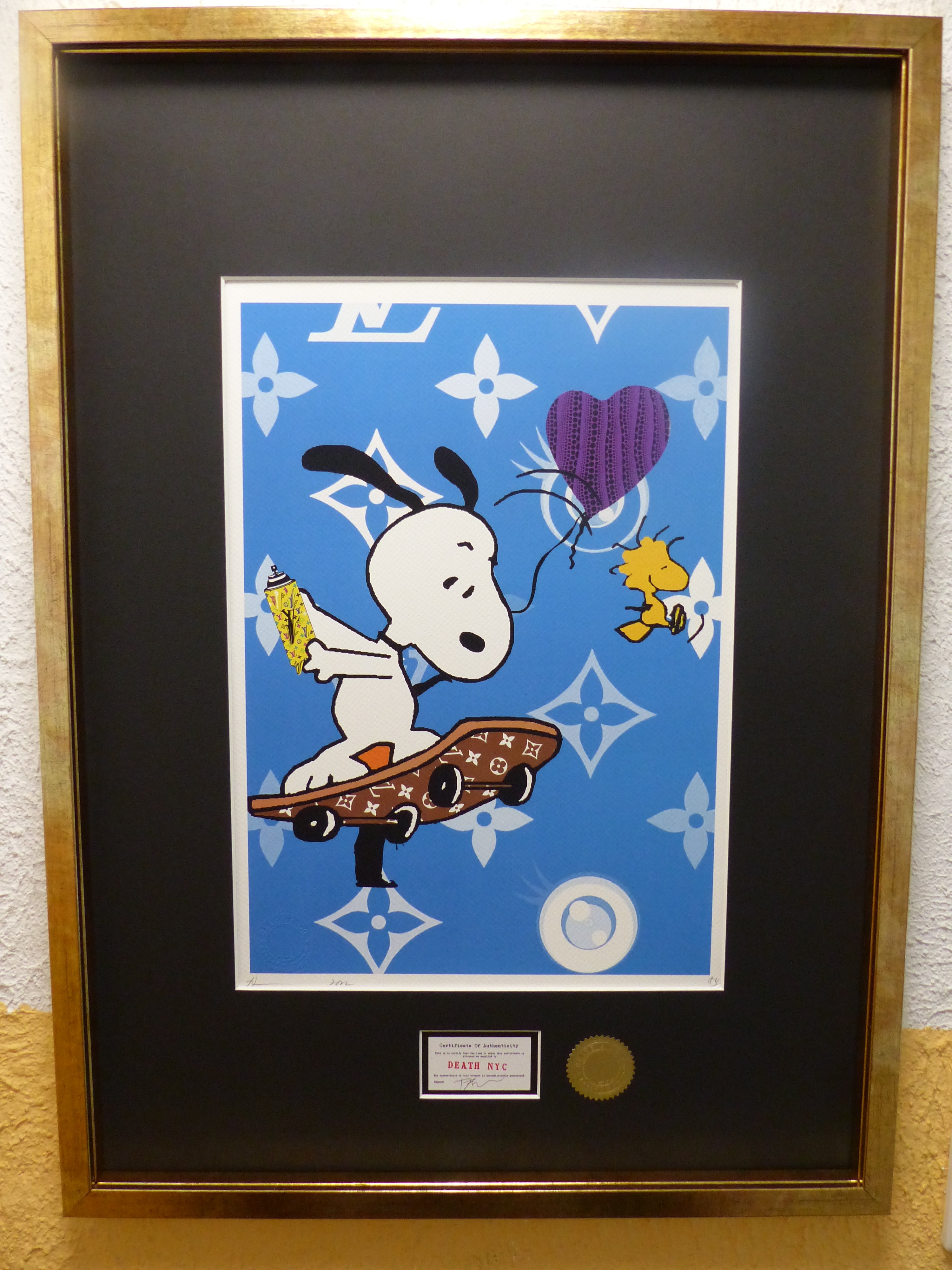 DEATH NYC fertig gerahmte Lithografie ltd.Edit. of 100 "Skateboard Snoopy" 3D Siegel COA