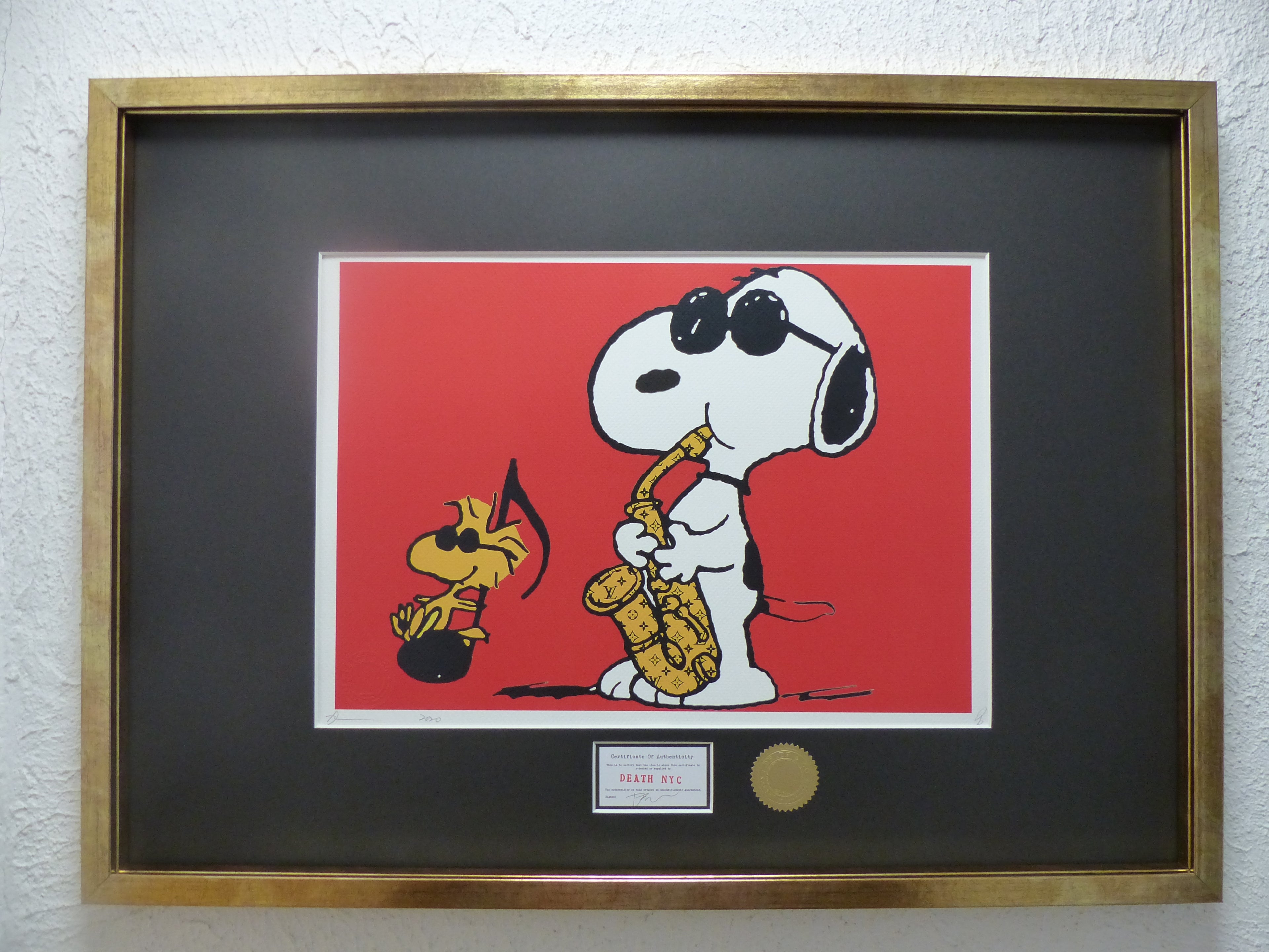 DEATH NYC "fertig gerahmt" Lithografie ltd. edition C.O.A. "Snoopy Woodstock Saxophone" Red