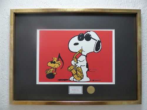 DEATH NYC "fertig gerahmt" Lithografie ltd. edition C.O.A. "Snoopy Woodstock Saxophone" Red