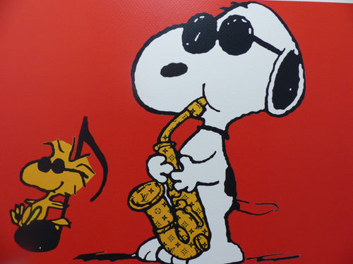 DEATH NYC "fertig gerahmt" Lithografie ltd. edition C.O.A. "Snoopy Woodstock Saxophone" Red