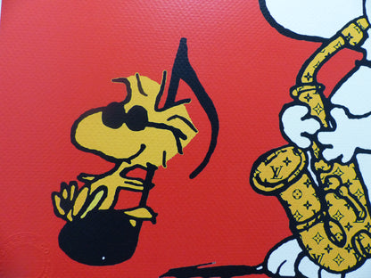DEATH NYC "fertig gerahmt" Lithografie ltd. edition C.O.A. "Snoopy Woodstock Saxophone" Red