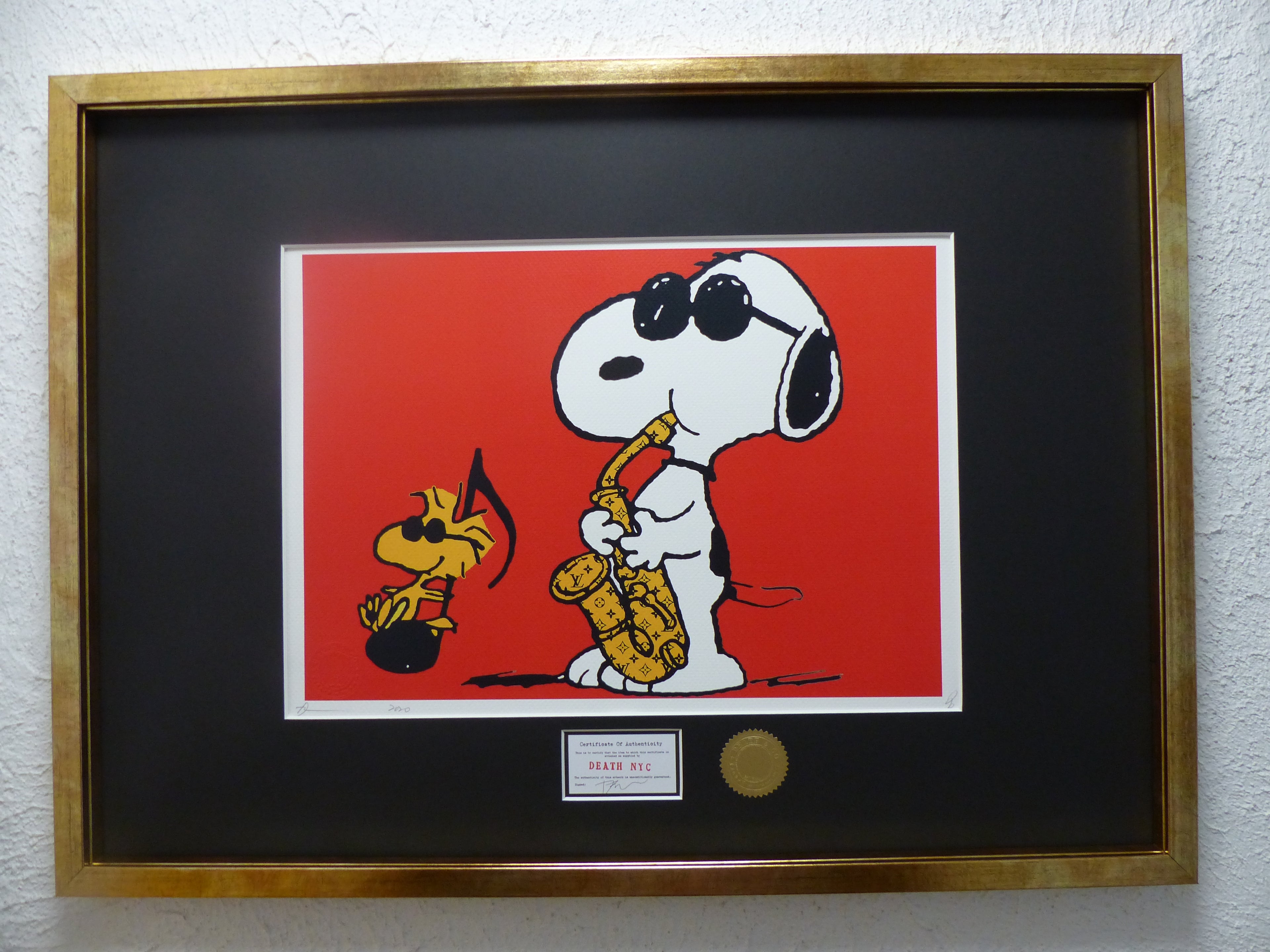 DEATH NYC "fertig gerahmt" Lithografie ltd. edition C.O.A. "Snoopy Woodstock Saxophone" Red