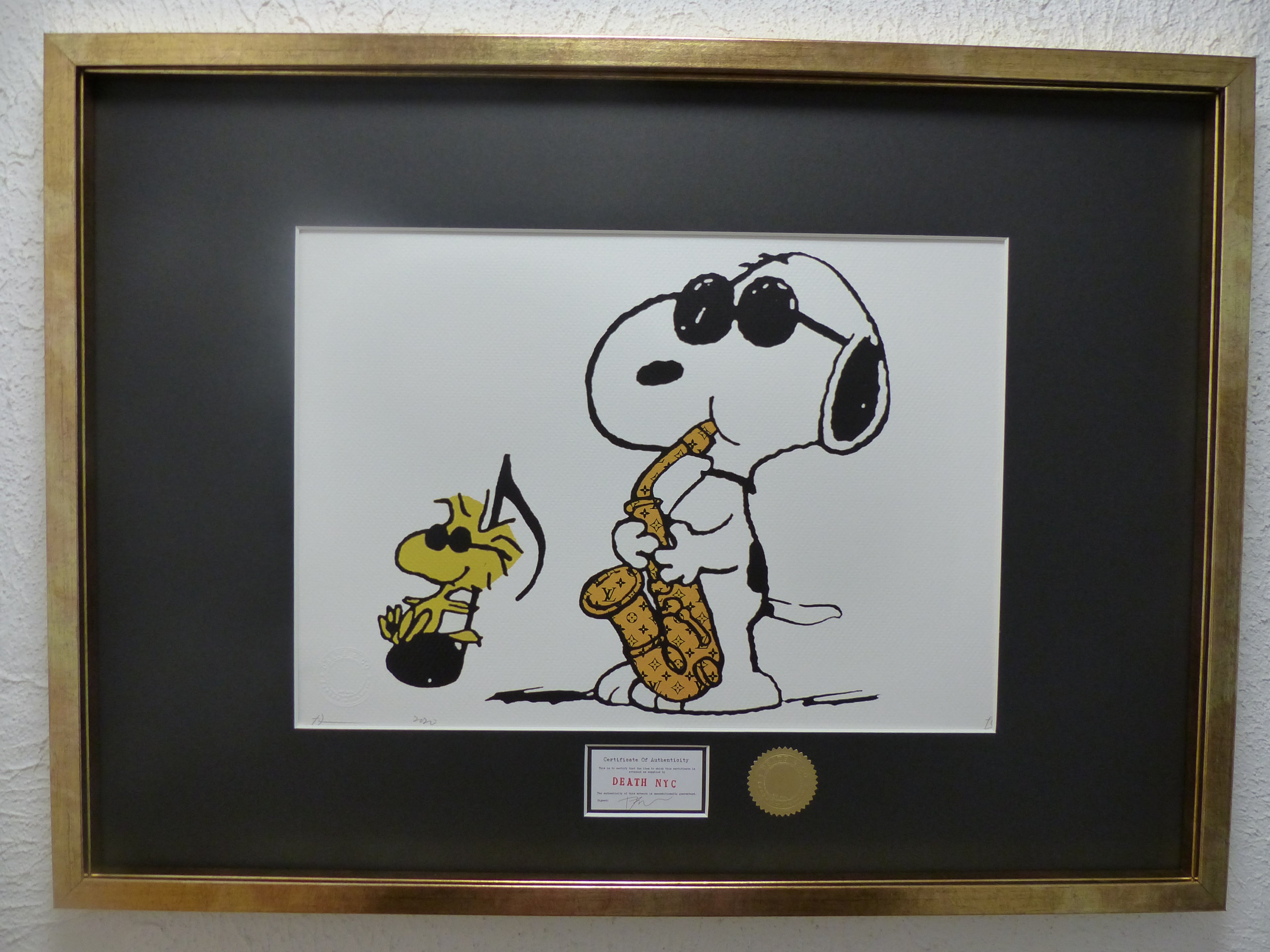 DEATH NYC "fertig gerahmt" Lithografie ltd. edition C.O.A. "Snoopy Woodstock Saxophone"