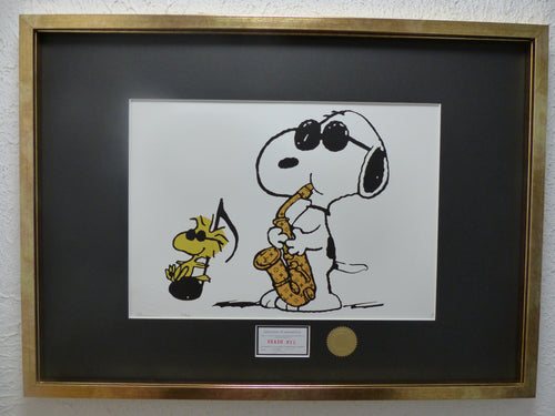 DEATH NYC "fertig gerahmt" Lithografie ltd. edition C.O.A. "Snoopy Woodstock Saxophone"