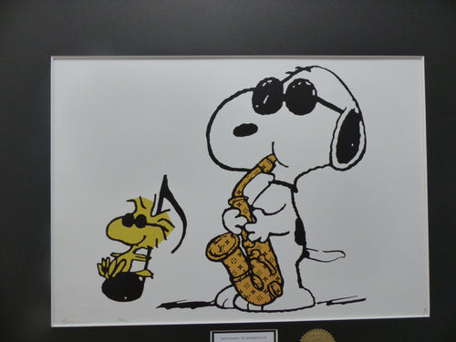 DEATH NYC "fertig gerahmt" Lithografie ltd. edition C.O.A. "Snoopy Woodstock Saxophone"