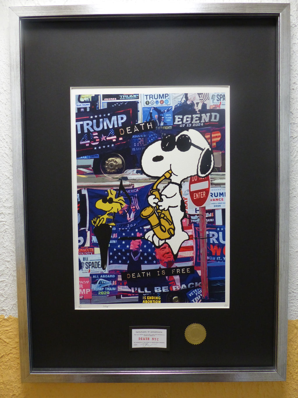 DEATH NYC "GERAHMT" Lithografie ltd.Edit. of 100 "Snoopy Trump" 3D Siegel COA