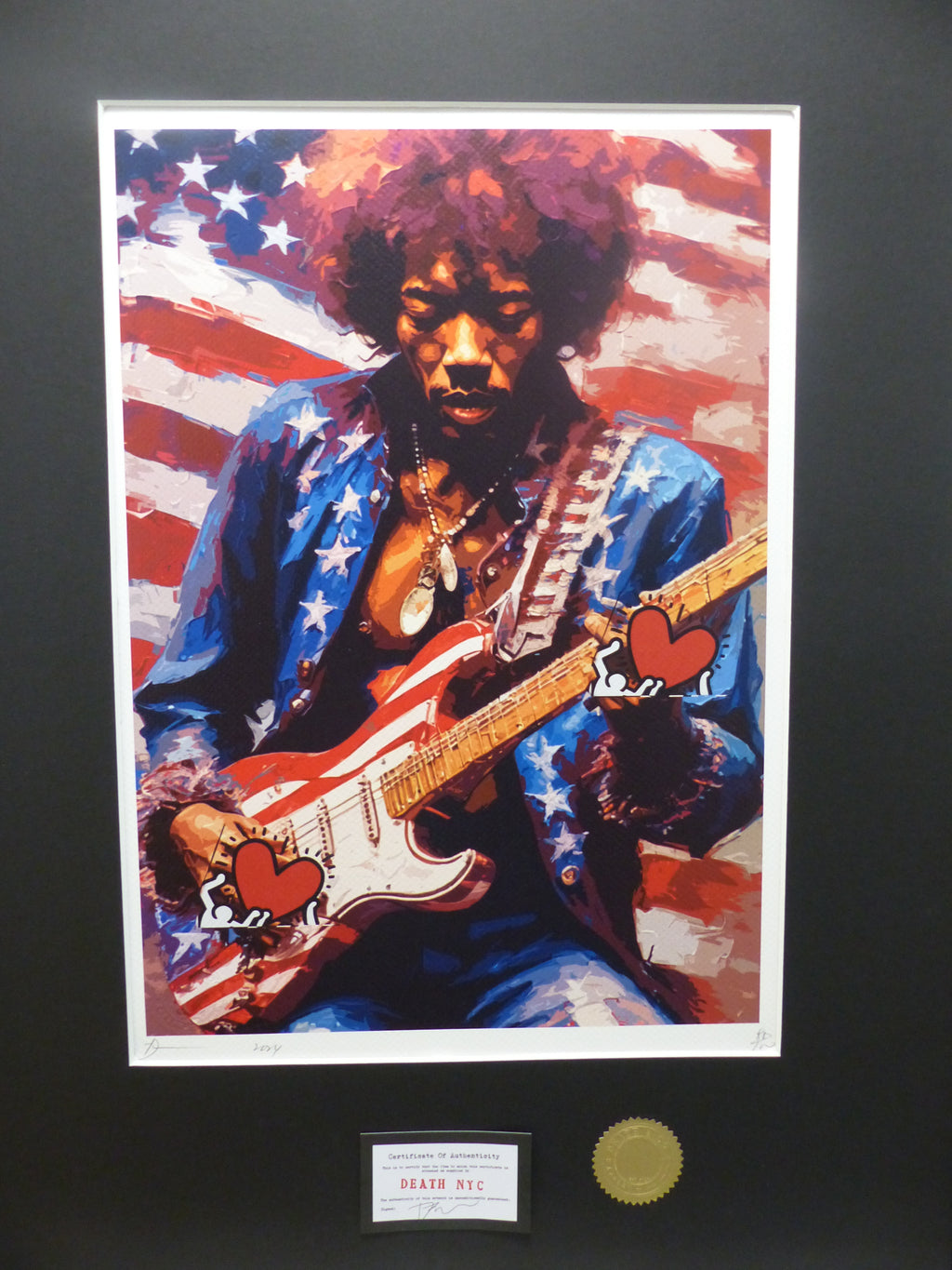 DEATH NYC "GERAHMT" Lithografie ltd.Edit. of 100 "Jimi Hendrix" 3D Siegel COA
