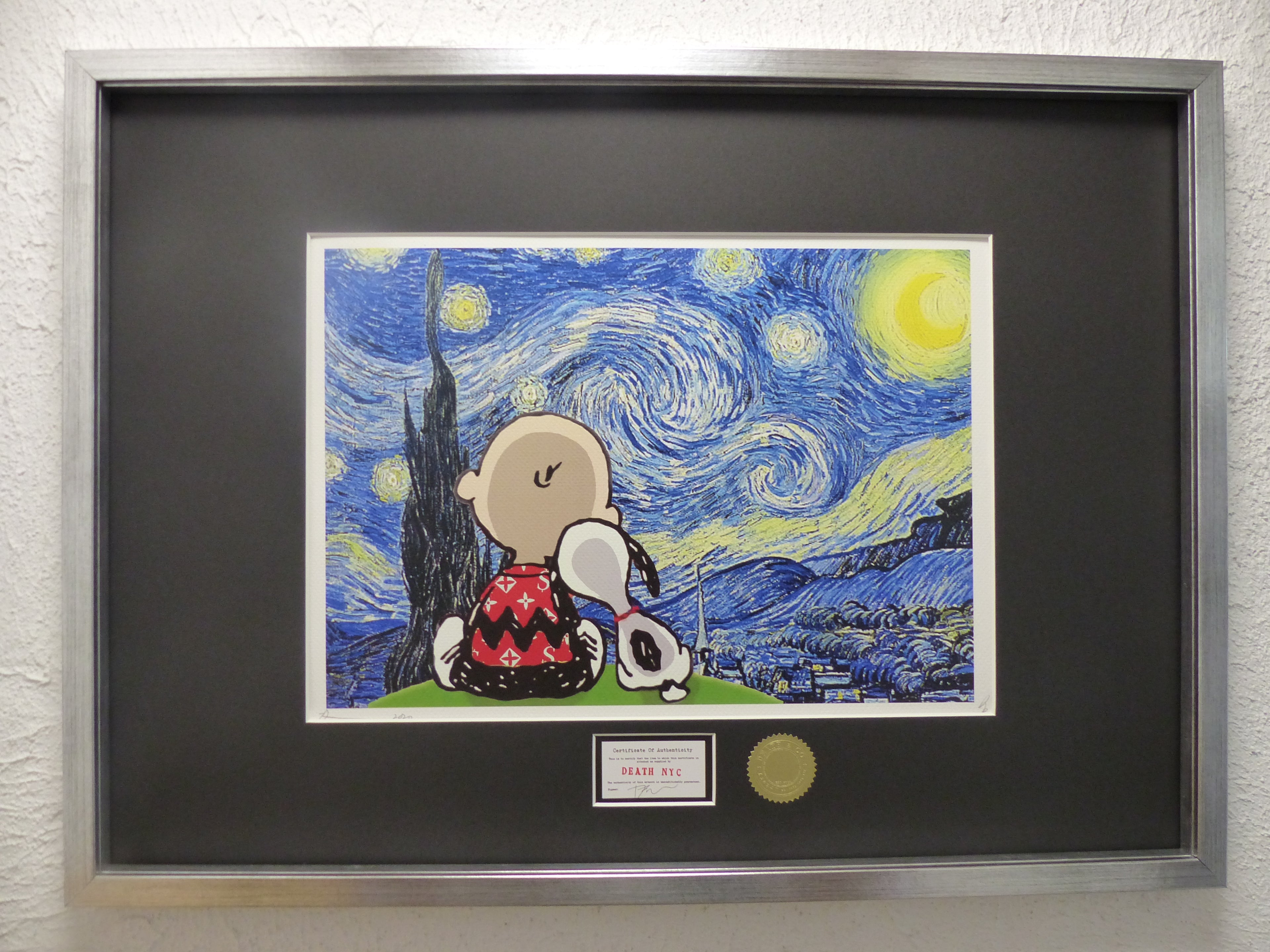 DEATH NYC gerahmte Lithografie ltd edit of 120 "Snoopy Charly with van Gogh background" 3D Siegel COA Zertifikat