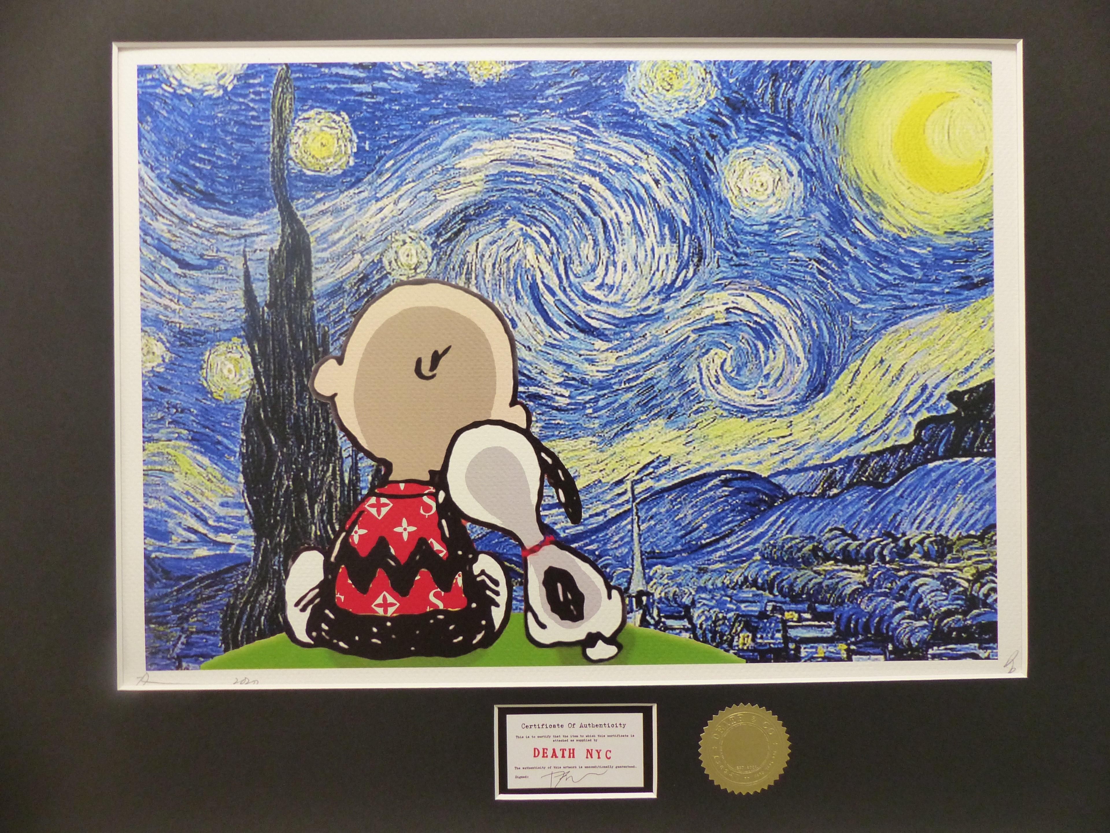DEATH NYC gerahmte Lithografie ltd edit of 120 "Snoopy Charly with van Gogh background" 3D Siegel COA Zertifikat
