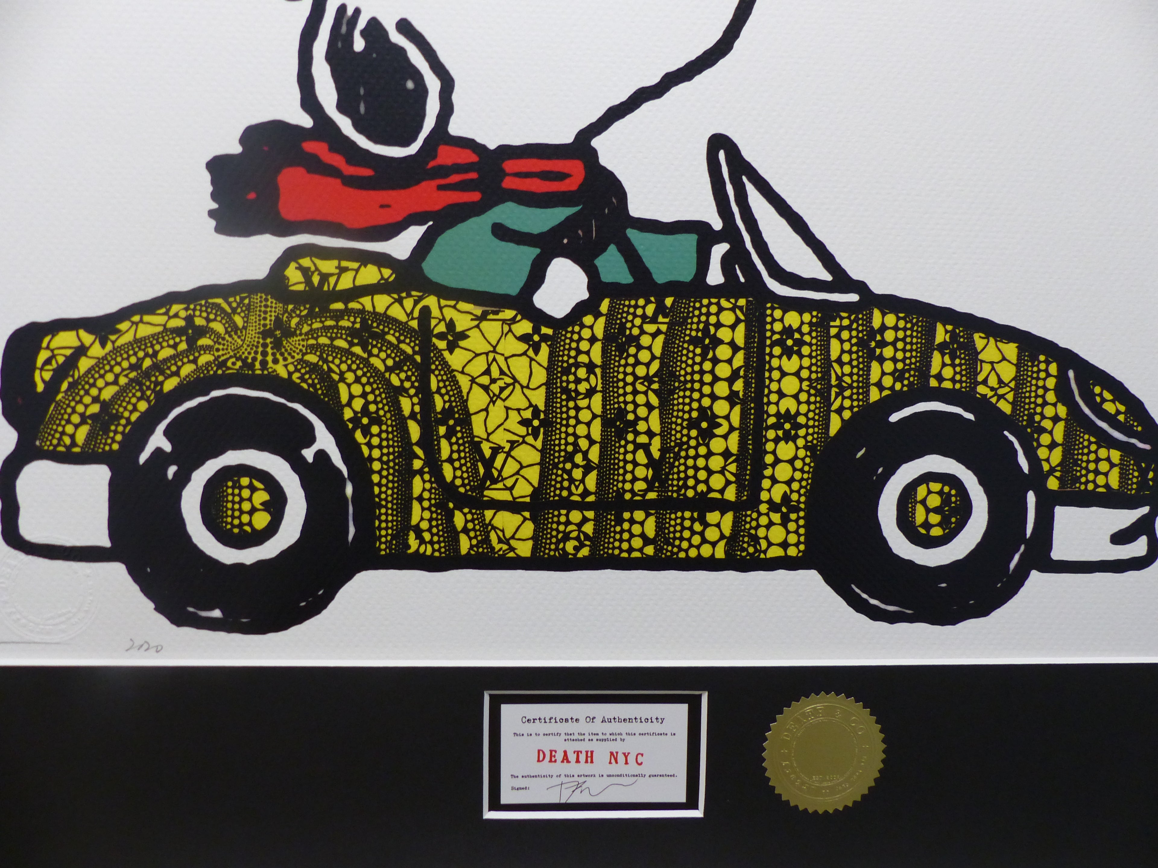 DEATH NYC gerahmte Lithografie ltd edit of 120 "Snoopy Car" 3D Siegel COA Zertifikat
