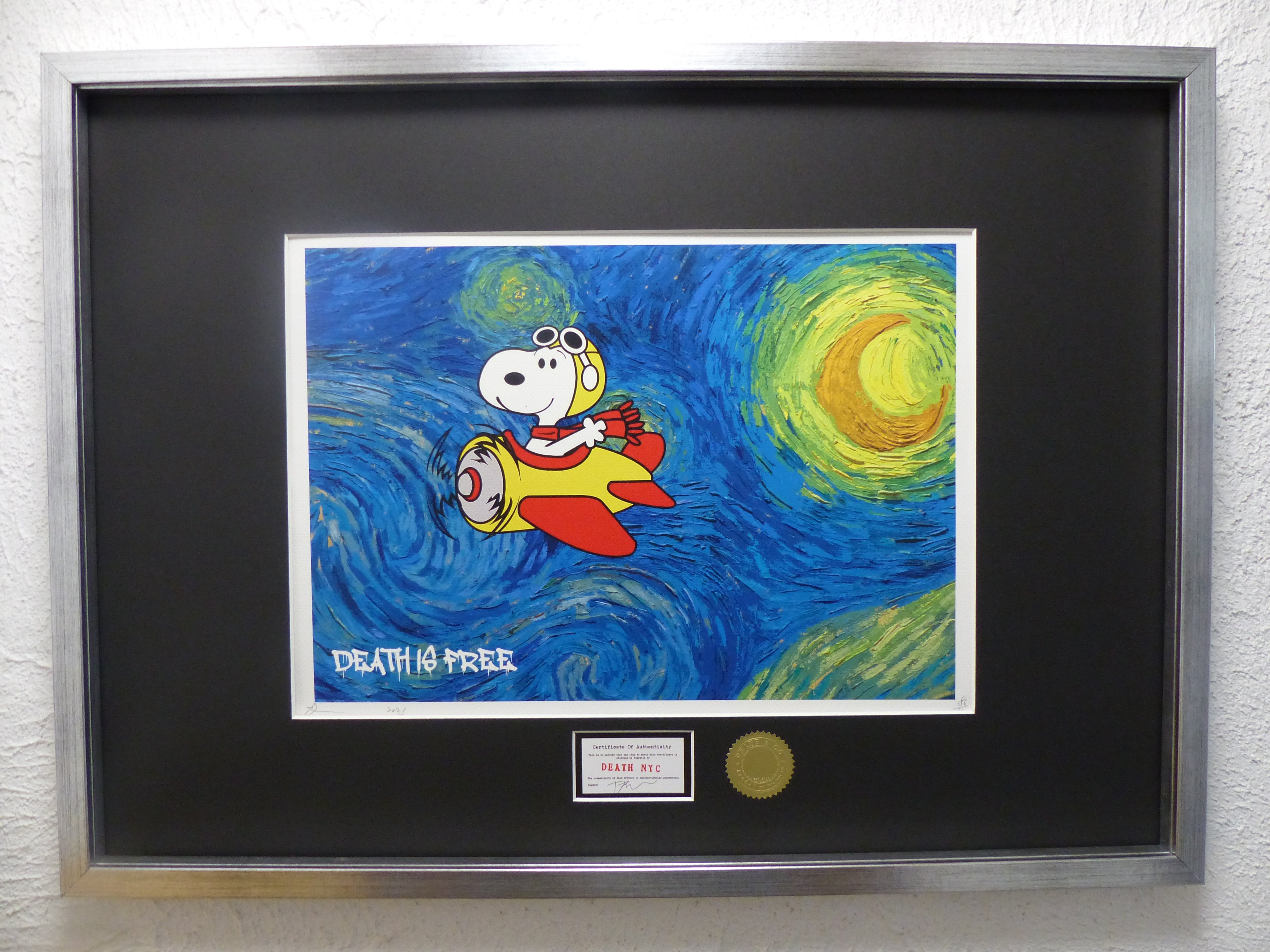 DEATH NYC gerahmte Lithografie ltd edit of 120 "Flying Snoopy" 3D Siegel COA Zertifikat