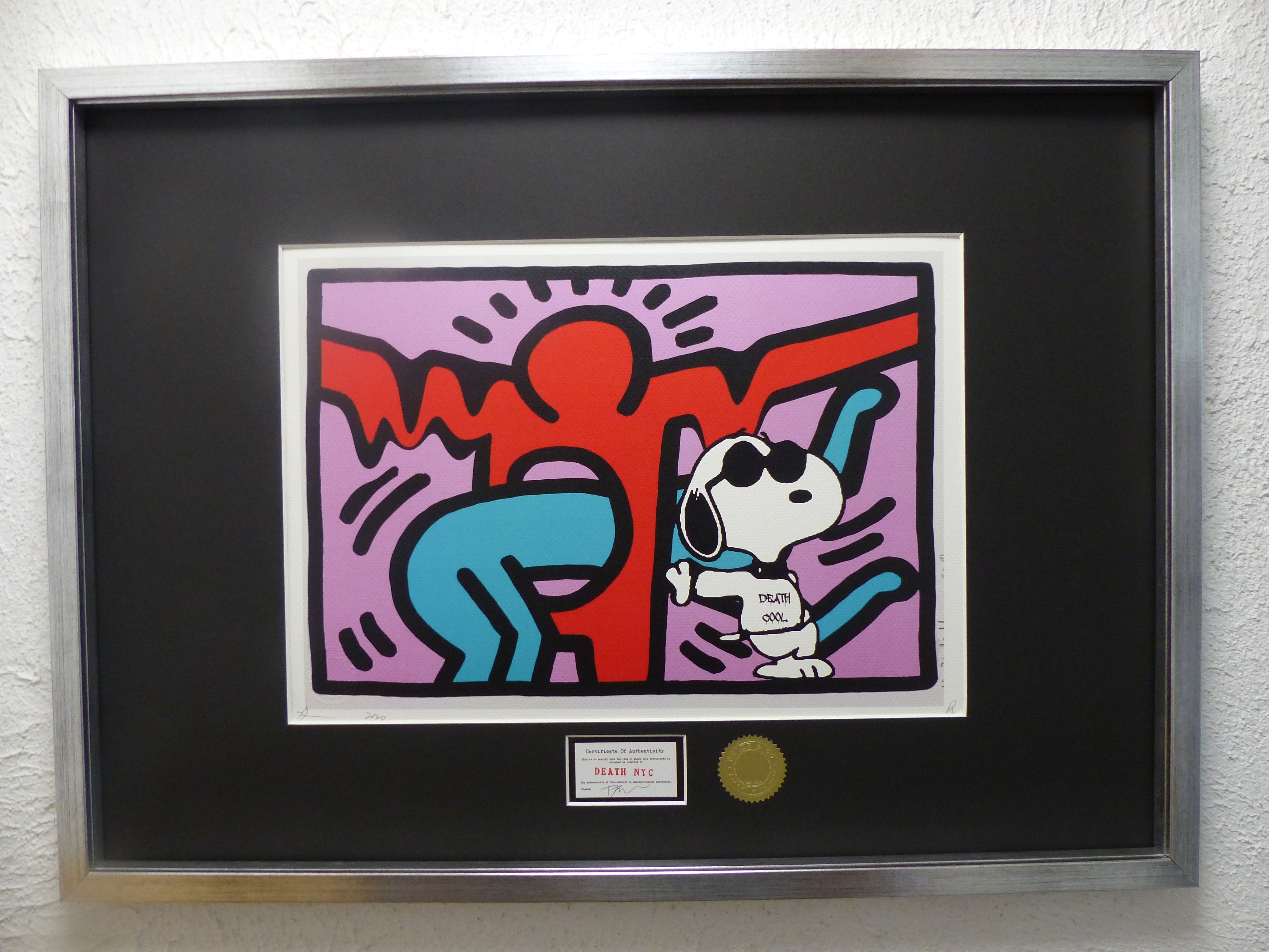 DEATH NYC gerahmte Lithografie ltd edit of 100 "Snoopy Keith Haring" 3D Siegel COA Zertifikat