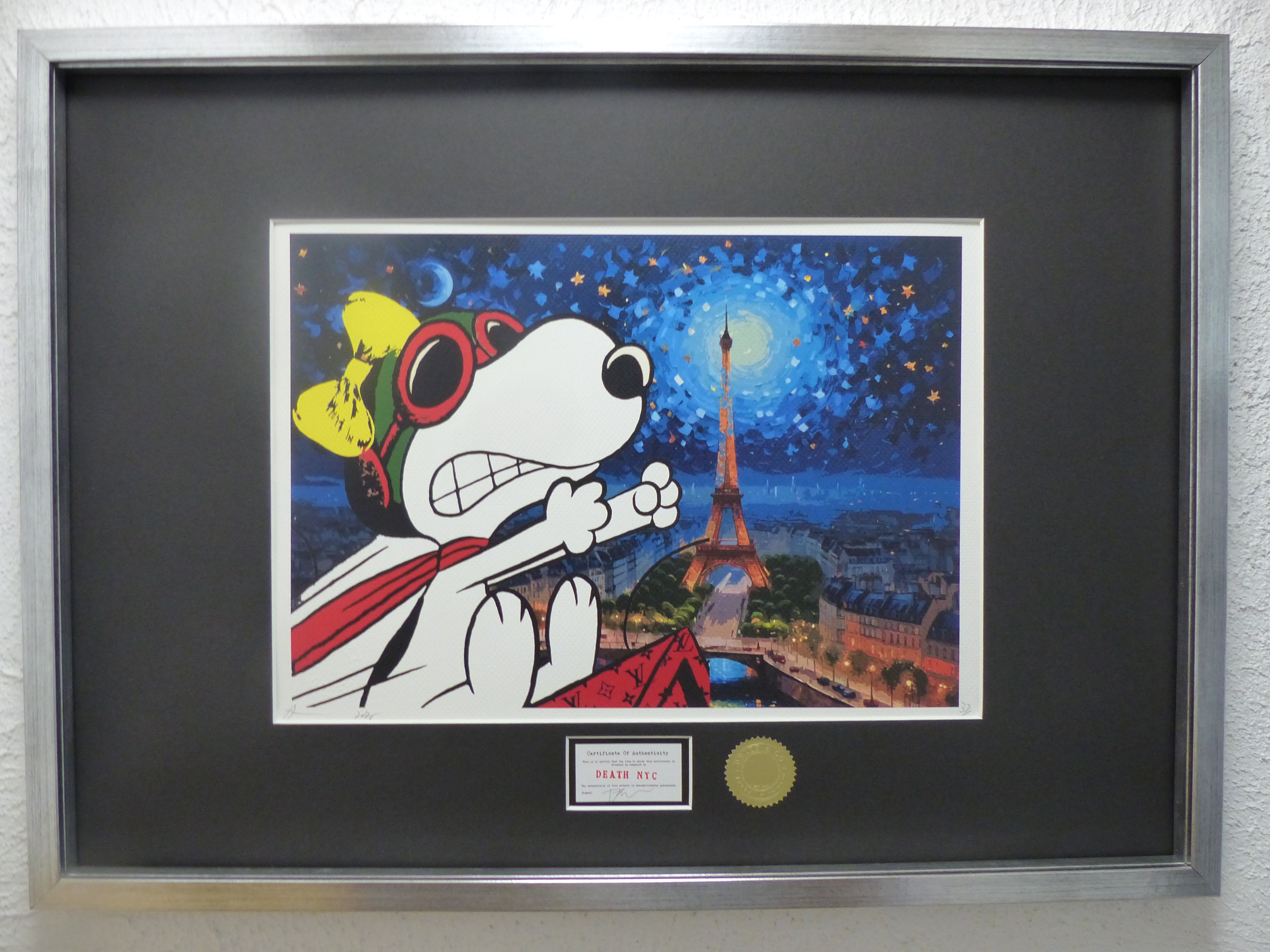DEATH NYC gerahmte Lithografie ltd edit of 100 "Rage Snoopy by Eiffel Tower" 3D Siegel COA Zertifikat