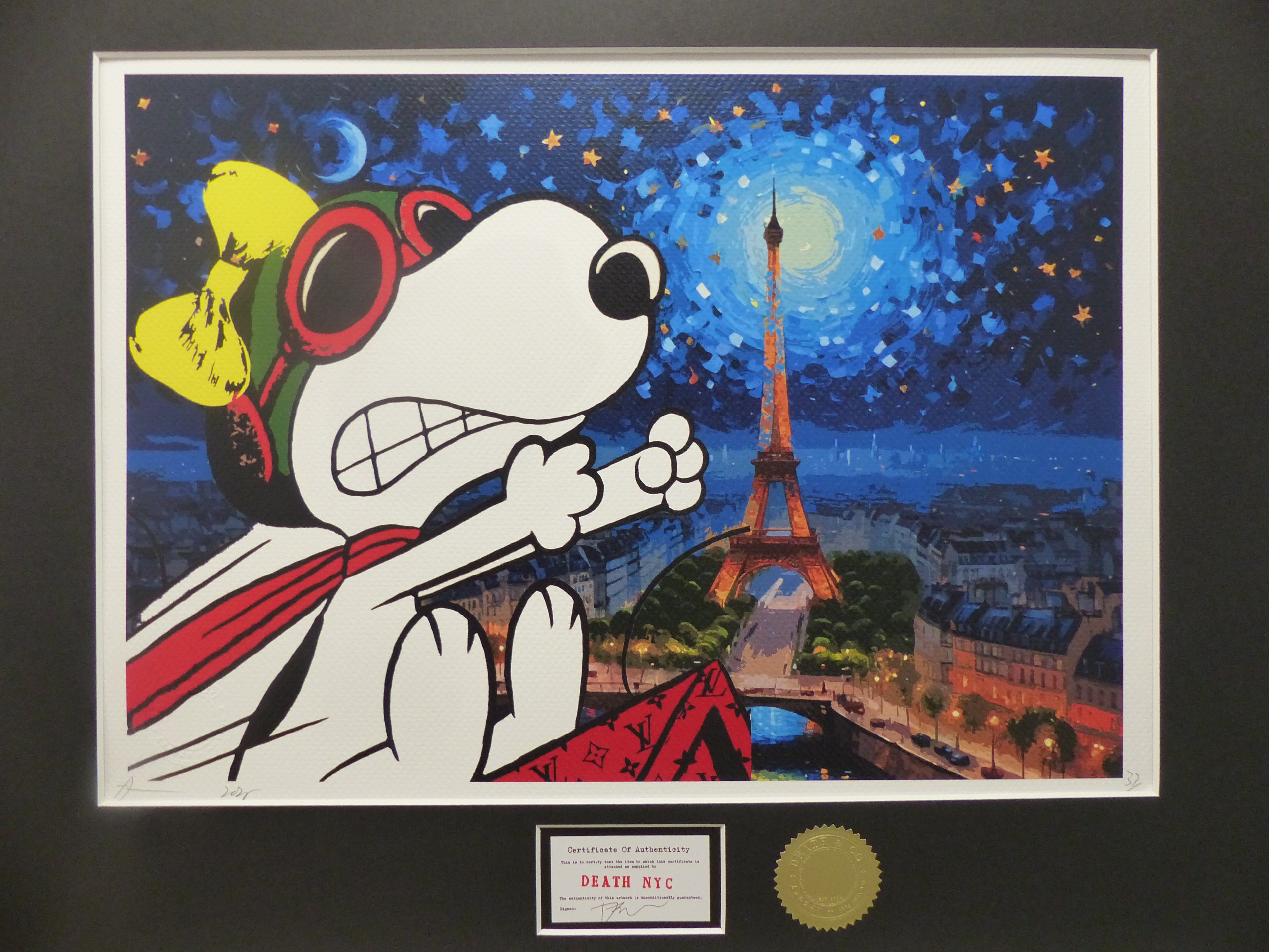DEATH NYC gerahmte Lithografie ltd edit of 100 "Rage Snoopy by Eiffel Tower" 3D Siegel COA Zertifikat
