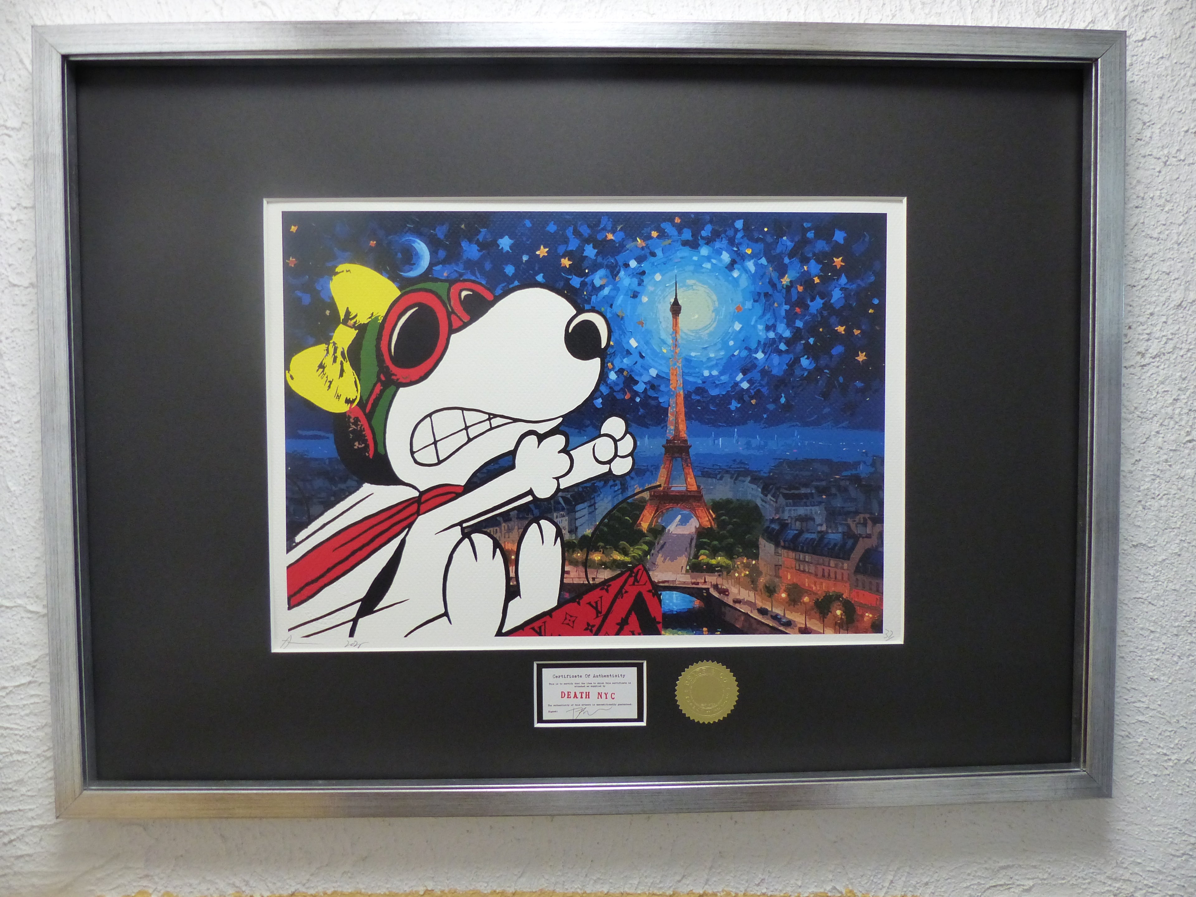 DEATH NYC gerahmte Lithografie ltd edit of 100 "Rage Snoopy by Eiffel Tower" 3D Siegel COA Zertifikat