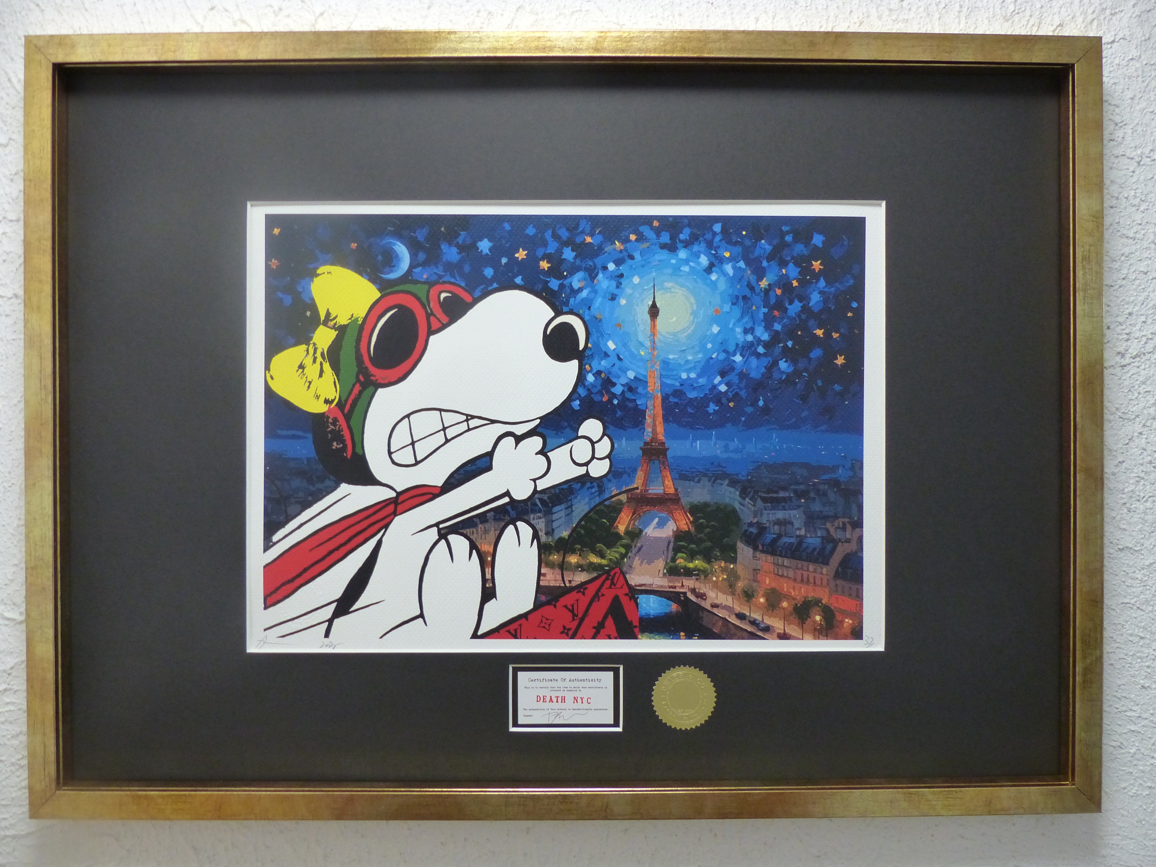 DEATH NYC gerahmte Lithografie ltd edit of 100 "Rage Snoopy by Eiffel Tower" 3D Siegel COA Zertifikat