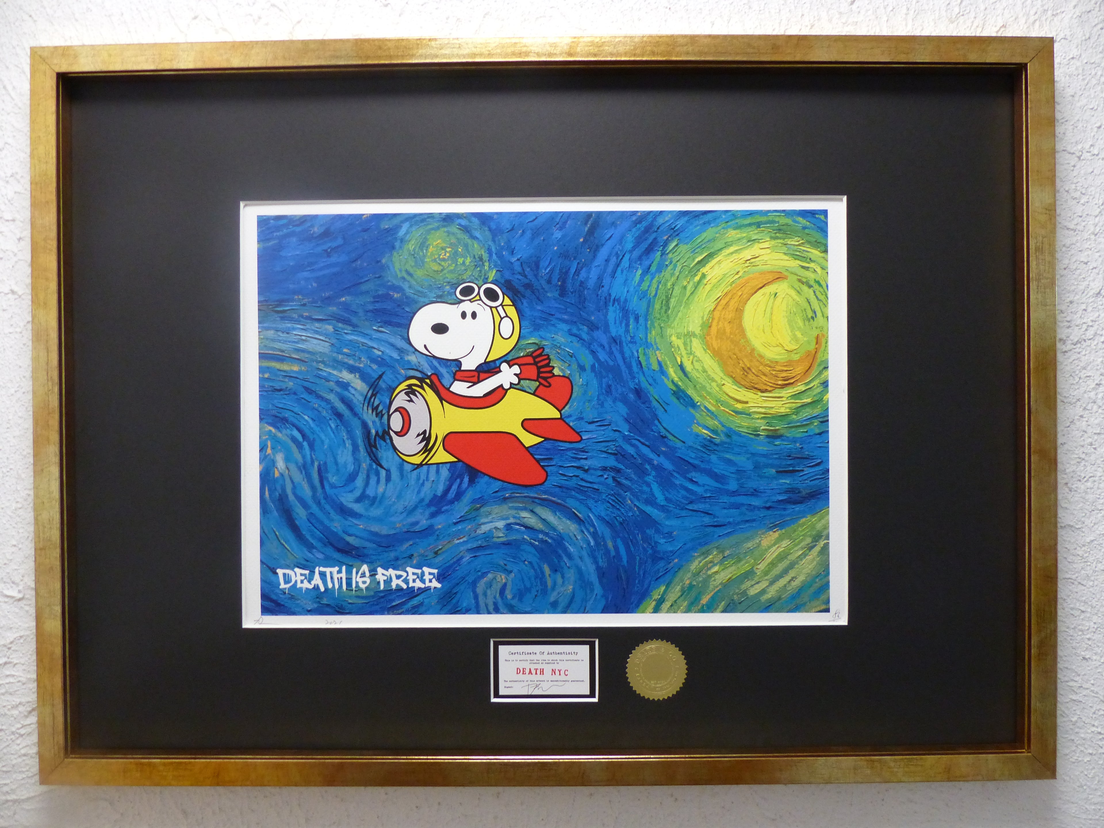 DEATH NYC gerahmte Lithografie ltd edit of 120 "Flying Snoopy" 3D Siegel COA Zertifikat