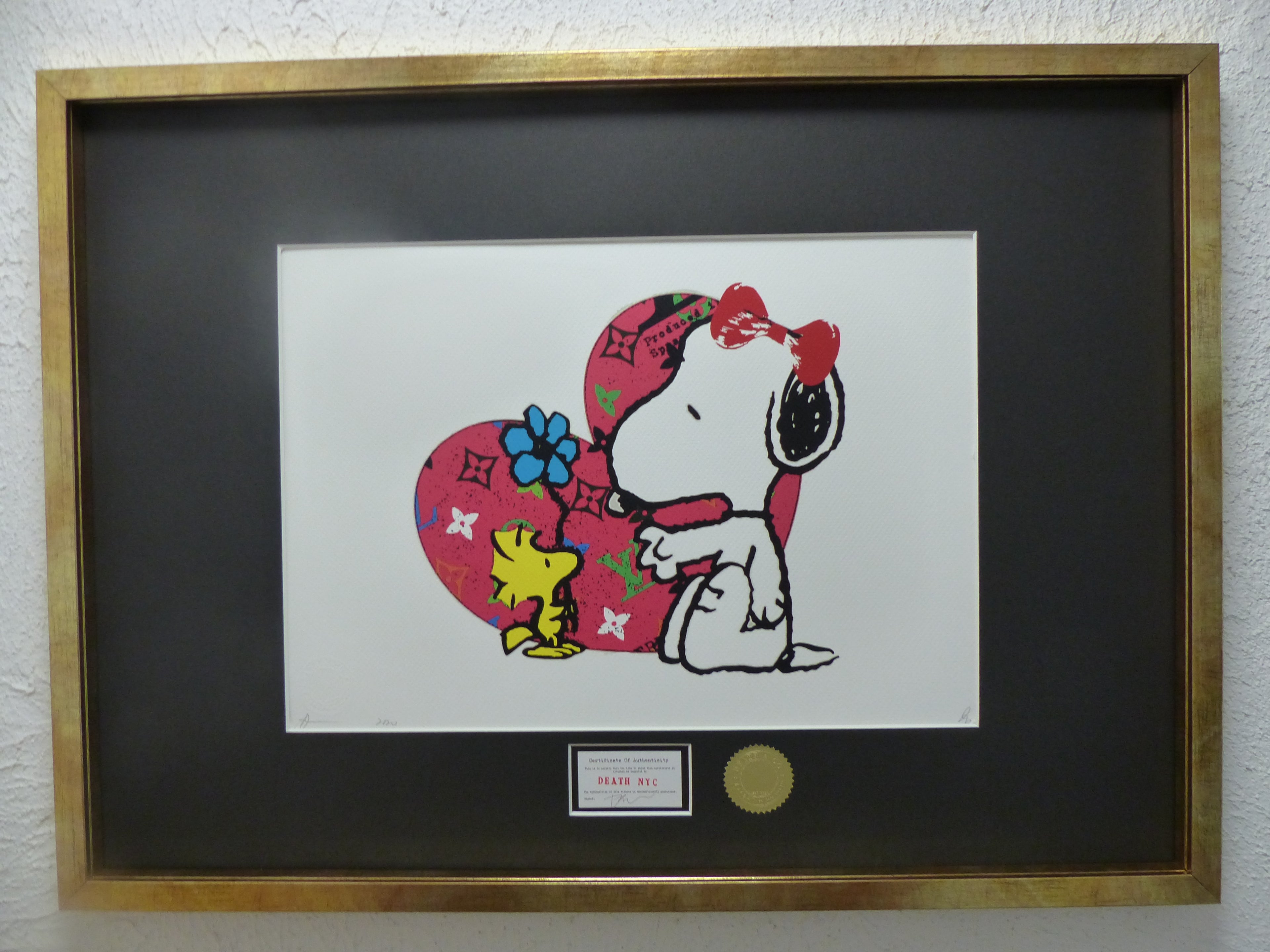 DEATH NYC gerahmte Lithografie ltd edit of 100 "Snoopy Woodstock HEART" 3D Siegel COA Zertifikat