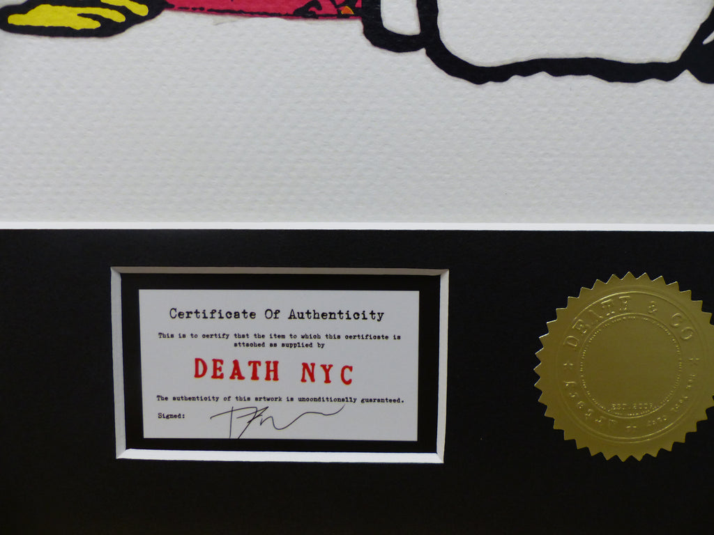 DEATH NYC gerahmte Lithografie ltd edit of 100 "Snoopy Woodstock HEART" 3D Siegel COA Zertifikat