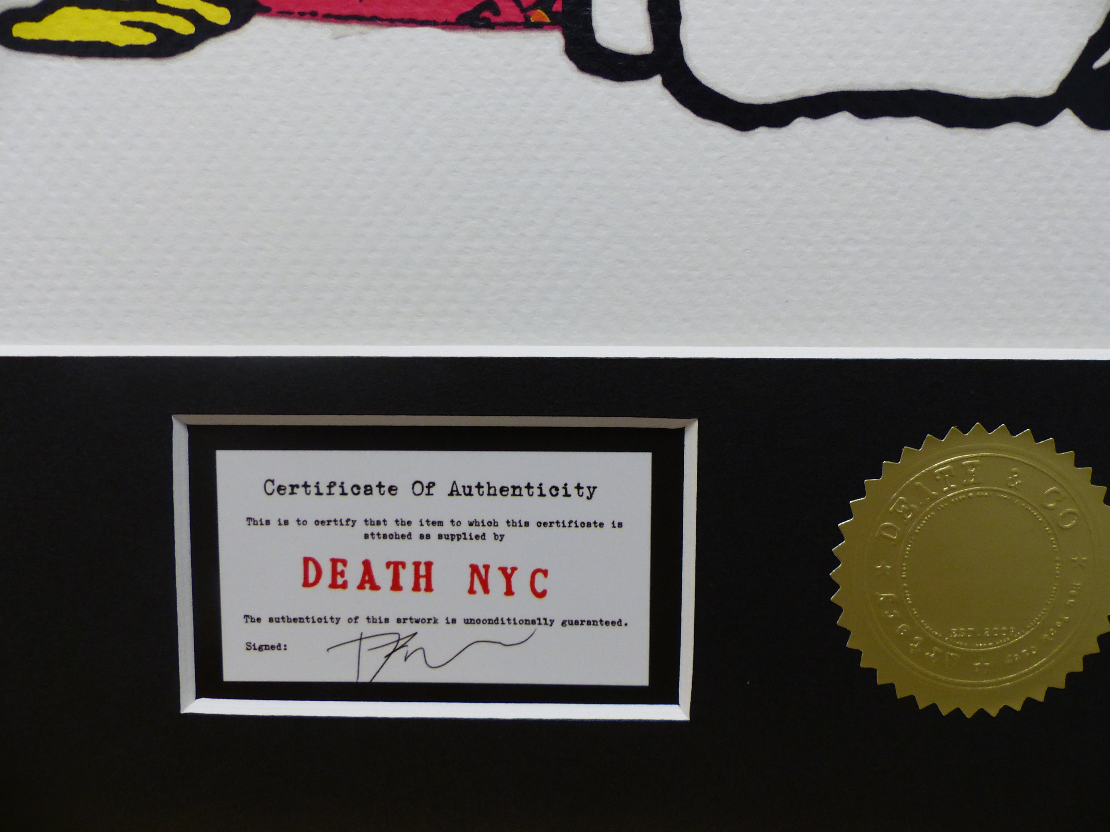 DEATH NYC gerahmte Lithografie ltd edit of 100 "Snoopy Woodstock HEART" 3D Siegel COA Zertifikat