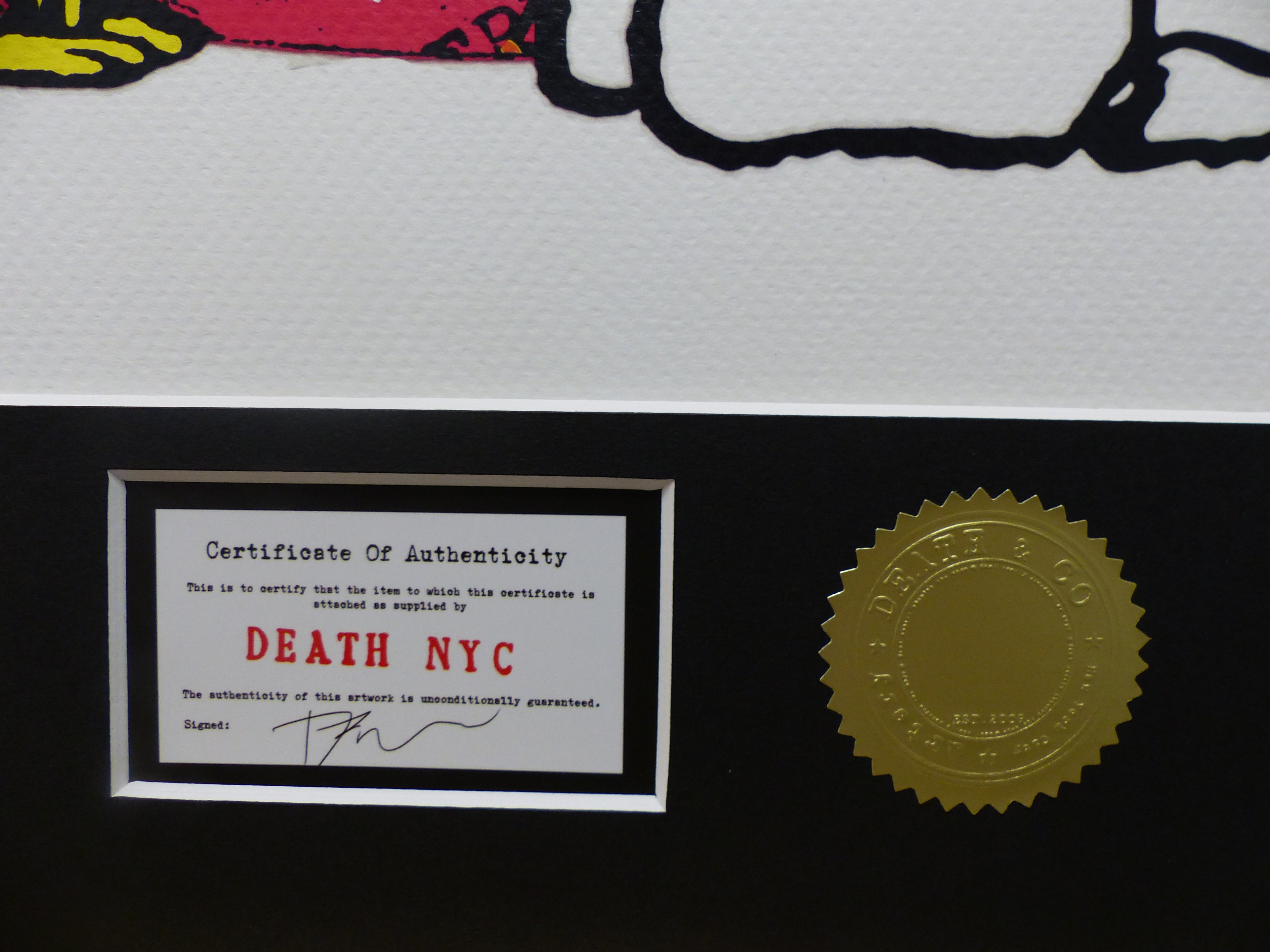 DEATH NYC gerahmte Lithografie ltd edit of 100 "Snoopy Woodstock HEART" 3D Siegel COA Zertifikat