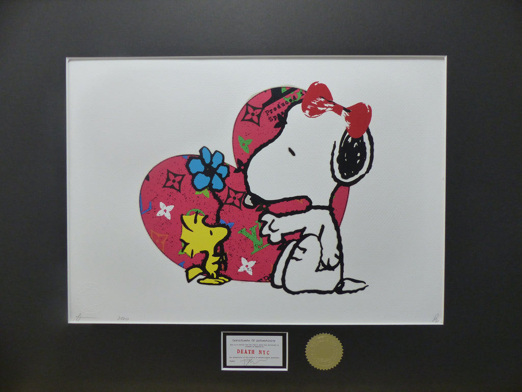 DEATH NYC gerahmte Lithografie ltd edit of 100 "Snoopy Woodstock HEART" 3D Siegel COA Zertifikat