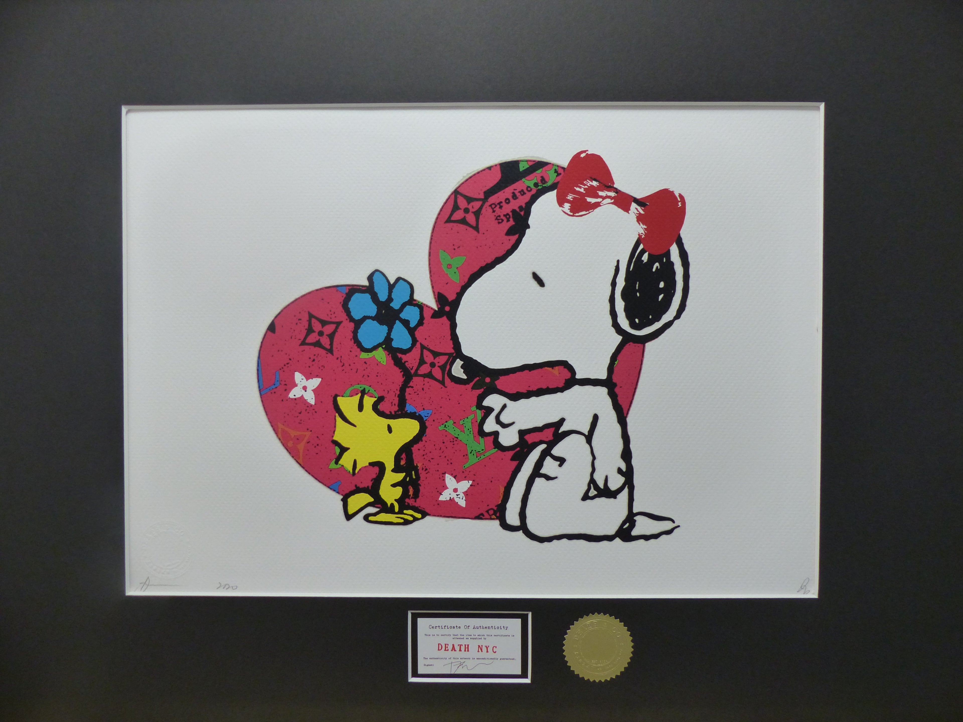 DEATH NYC gerahmte Lithografie ltd edit of 100 "Snoopy Woodstock HEART" 3D Siegel COA Zertifikat