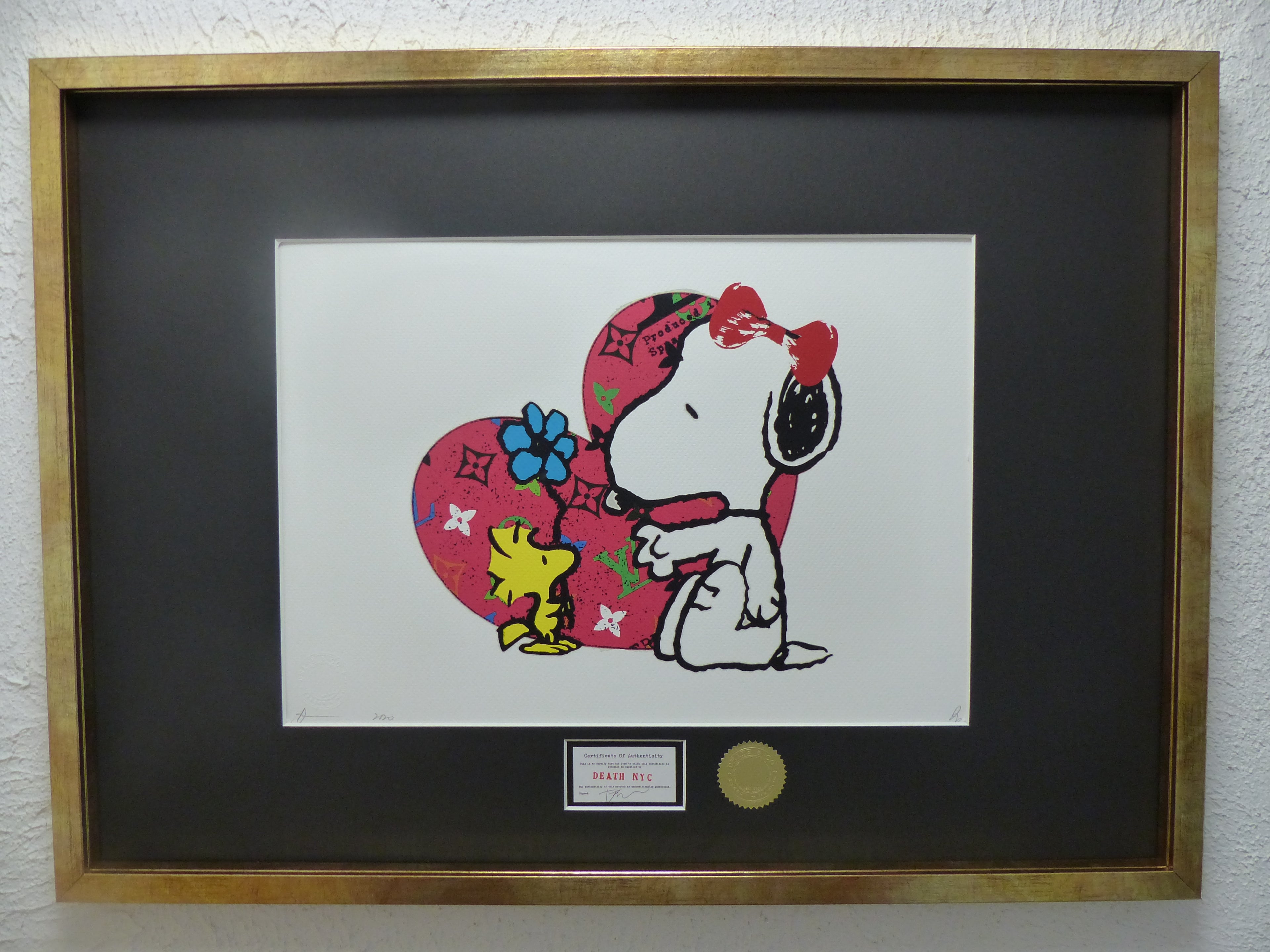 DEATH NYC gerahmte Lithografie ltd edit of 100 "Snoopy Woodstock HEART" 3D Siegel COA Zertifikat