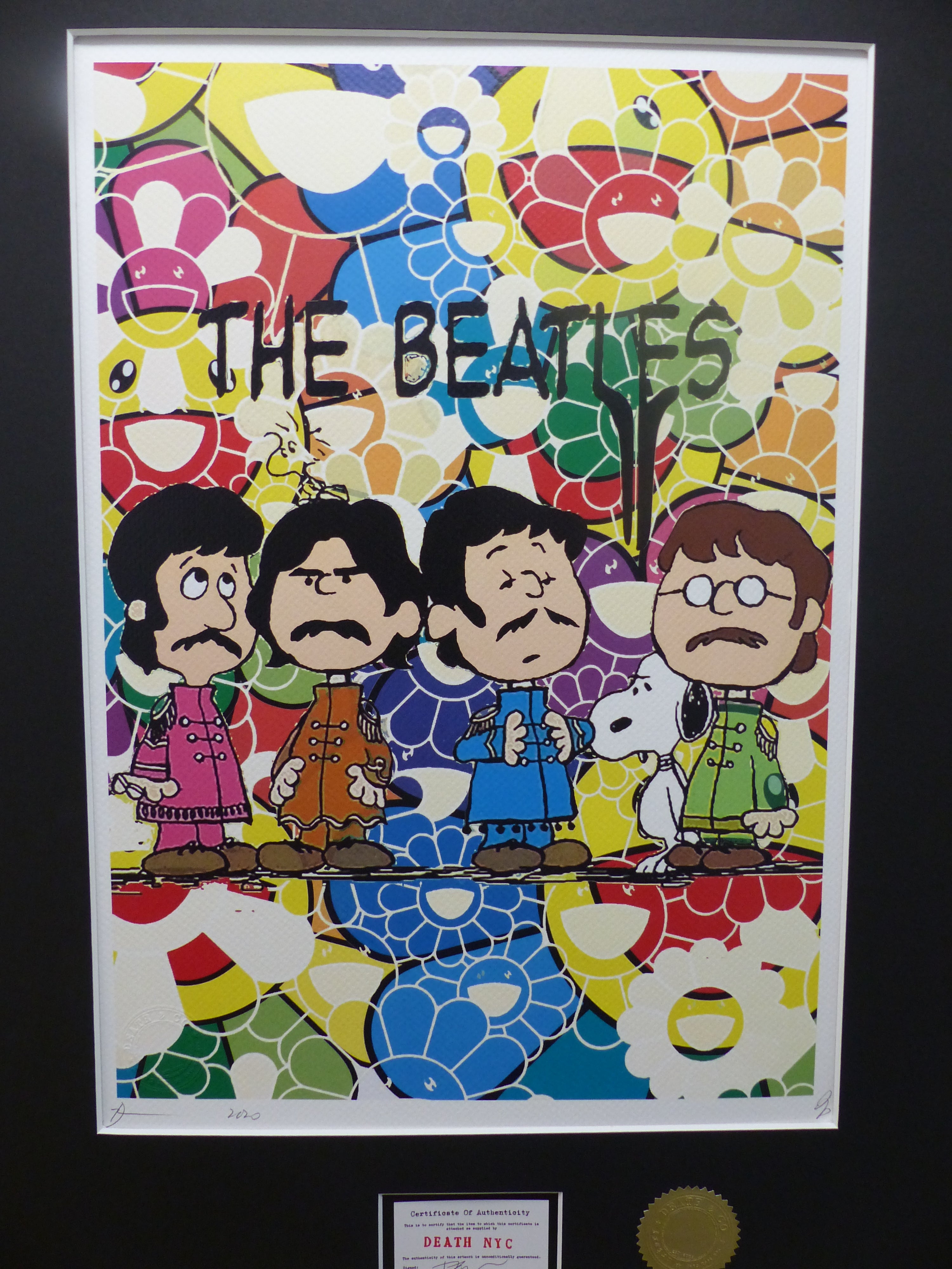 DEATH NYC gerahmte Lithografie ltd edit of 100 "Snoopy and The Beatles" 3D Siegel COA Zertifikat