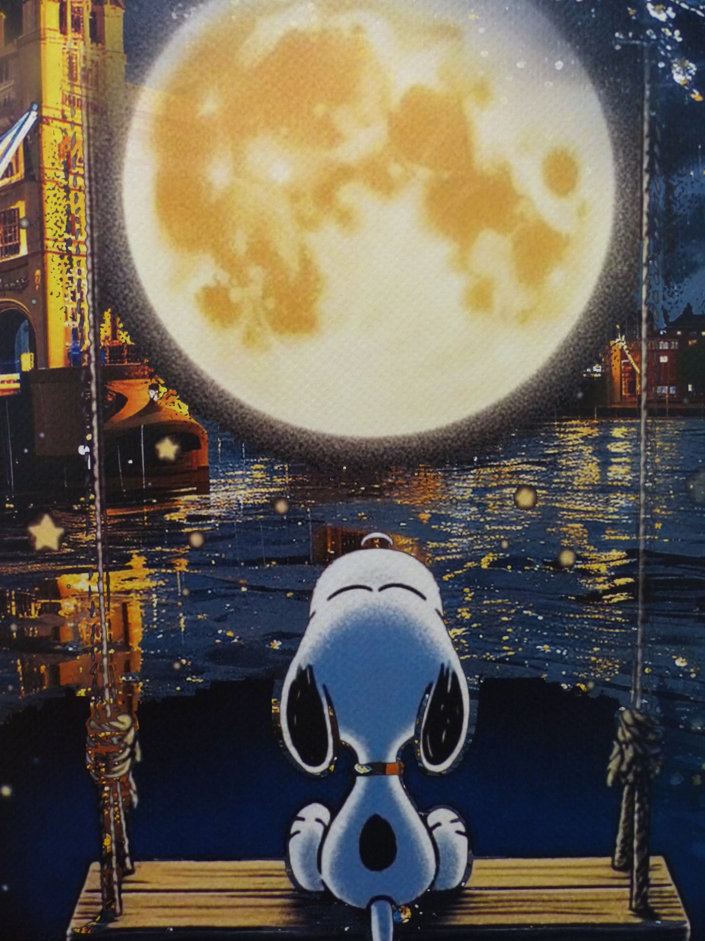 DEATH NYC gerahmte Lithografie ltd edit of 120 "Snoopy in the Moon by the Tower Bridge" 3D Siegel COA Zertifikat