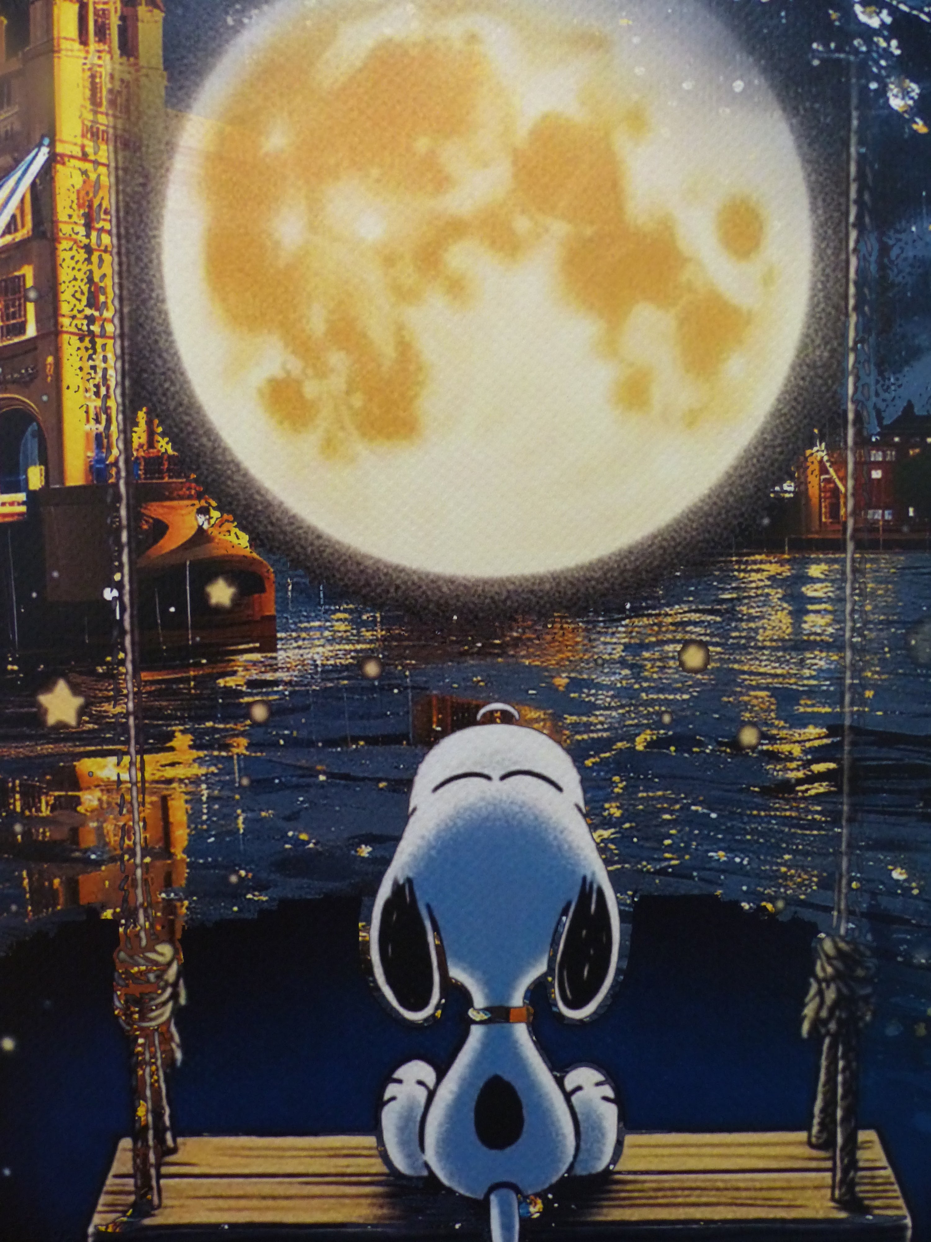 DEATH NYC gerahmte Lithografie ltd edit of 120 "Snoopy in the Moon by the Tower Bridge" 3D Siegel COA Zertifikat