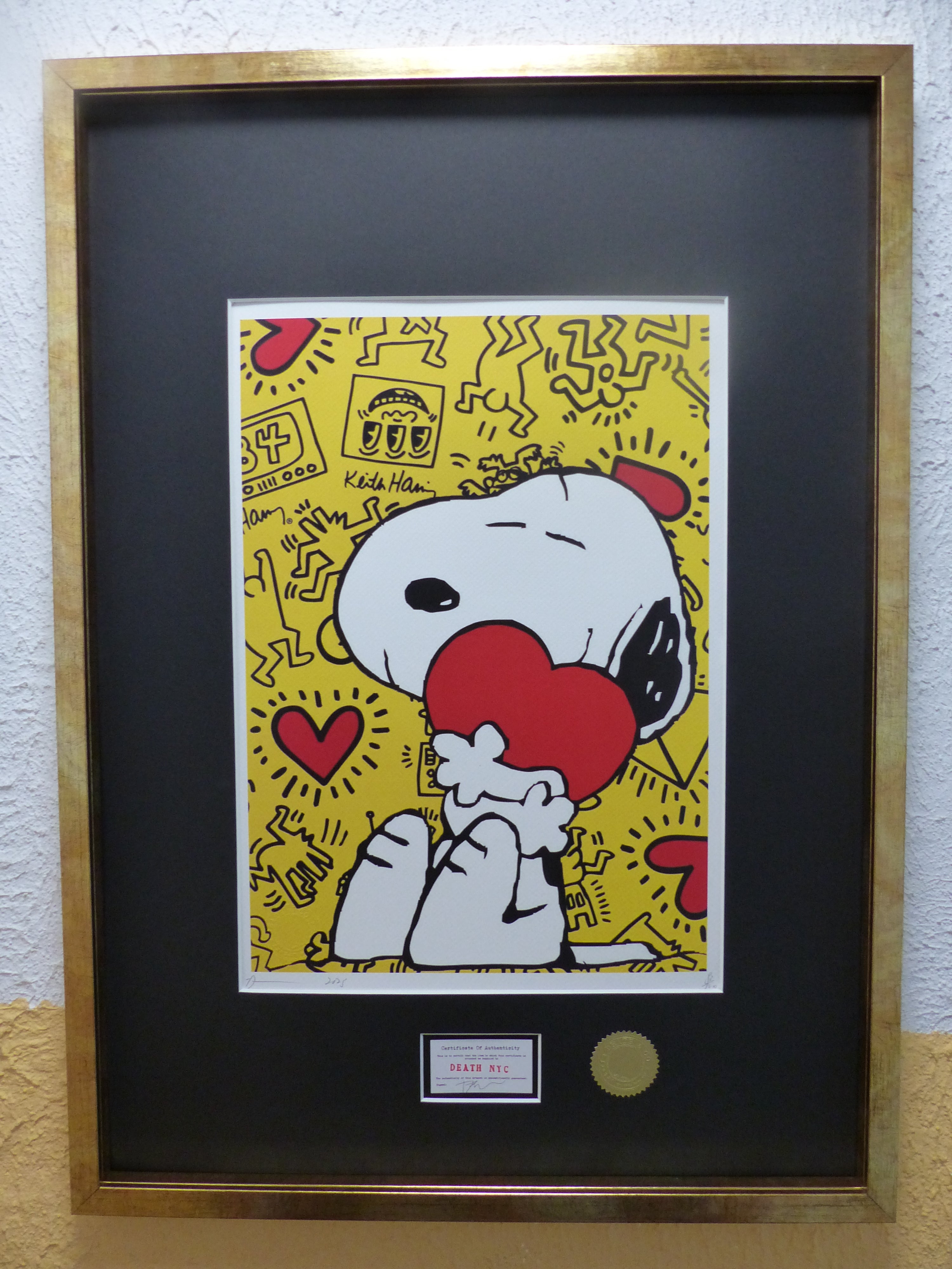 DEATH NYC gerahmte Lithografie ltd edit of 120 Snoopy Keith Haring Heart 3D Siegel COA Zertifikat