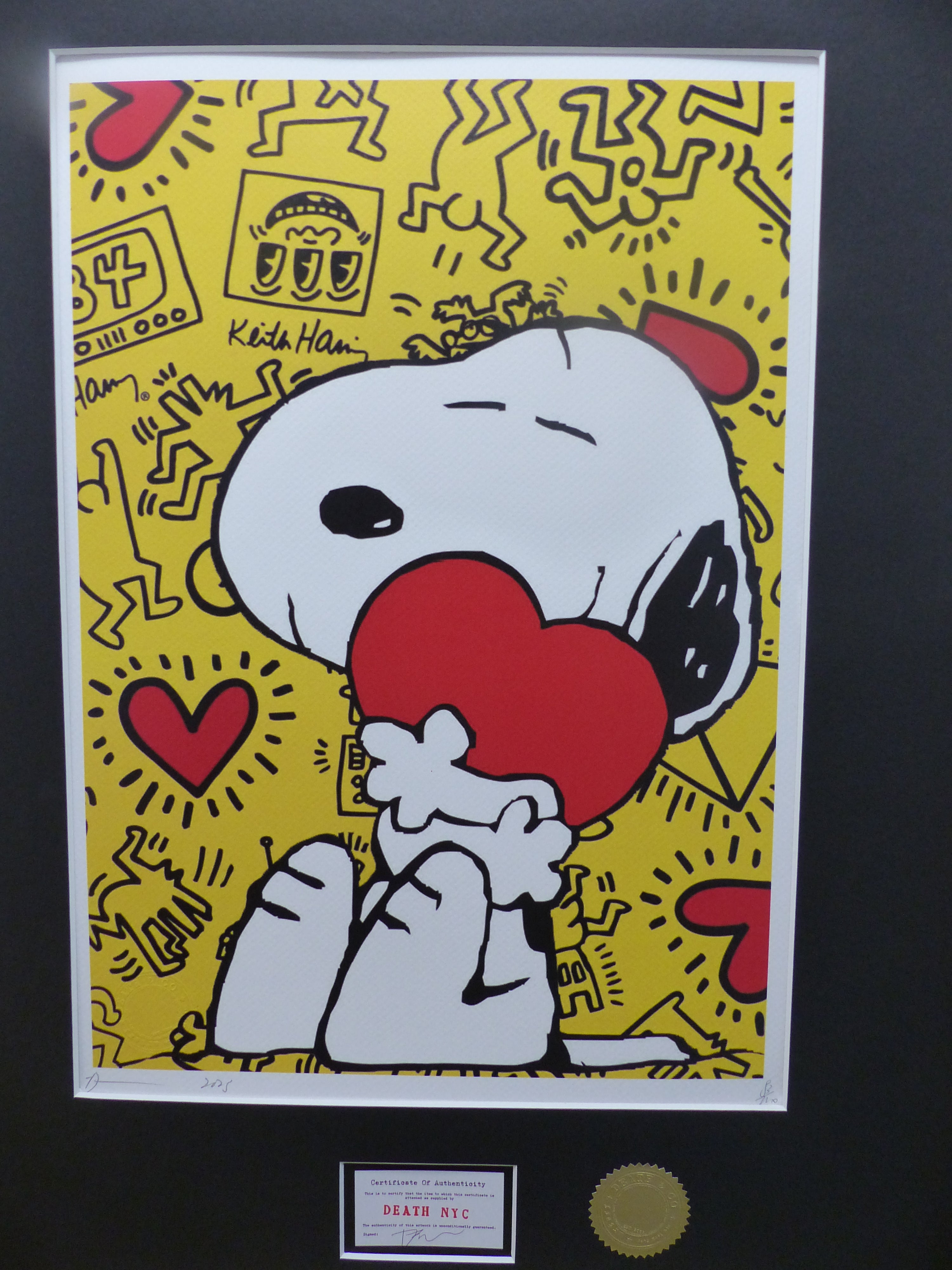 DEATH NYC gerahmte Lithografie ltd edit of 120 Snoopy Keith Haring Heart 3D Siegel COA Zertifikat