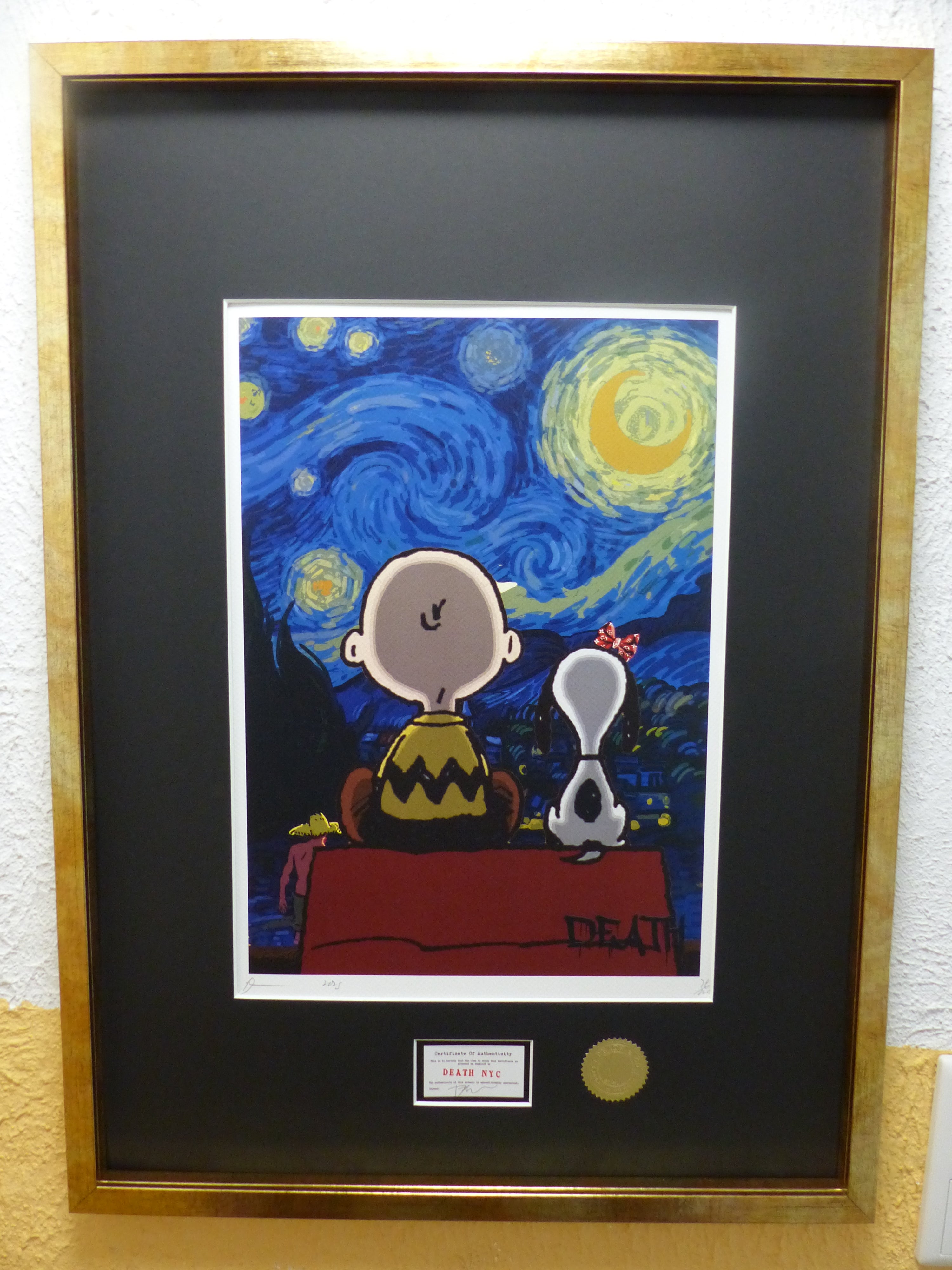 DEATH NYC gerahmte Lithografie ltd edit of 100 "Snoopy Charly with van Gogh background" 3D Siegel COA Zertifikat