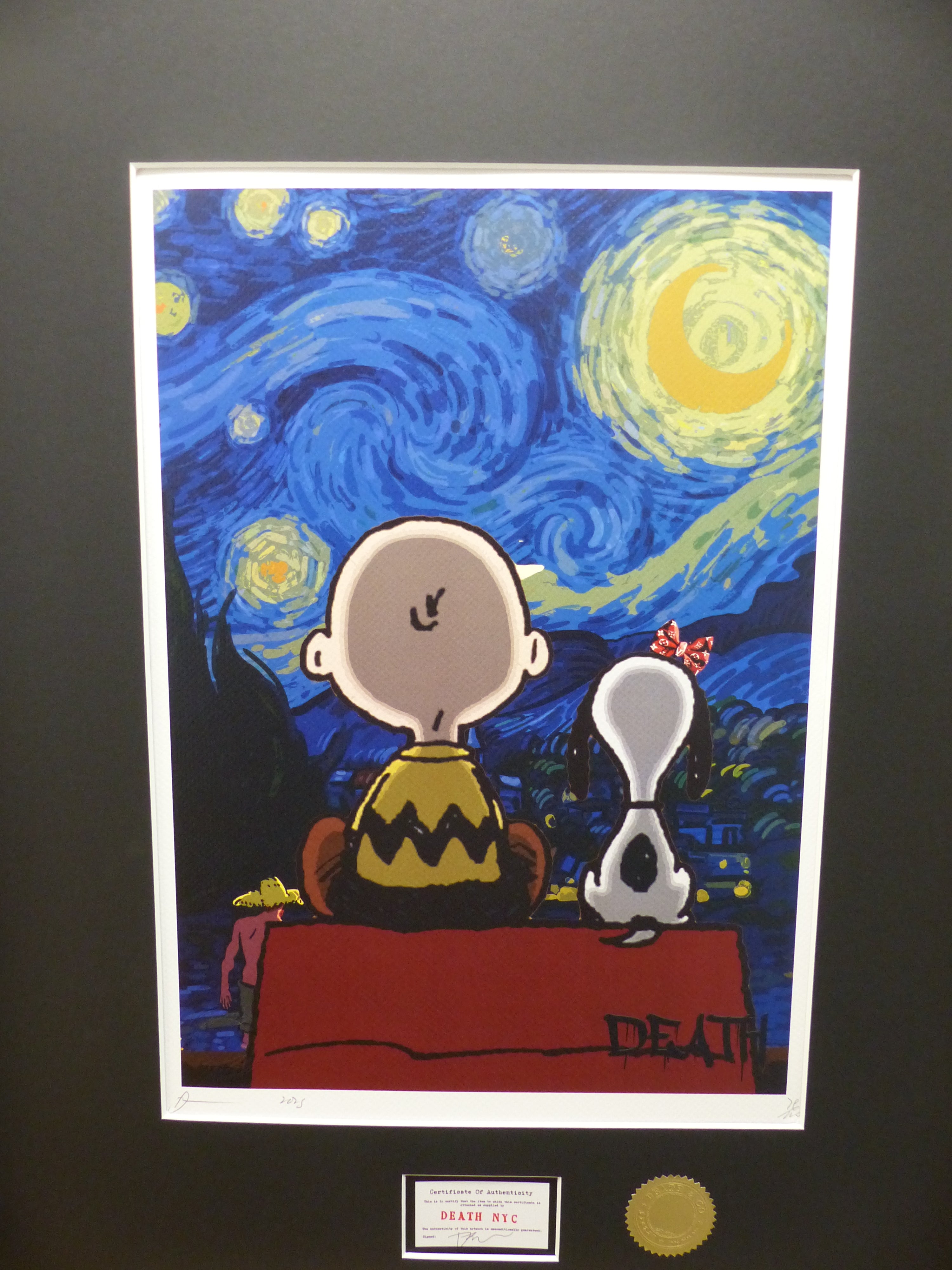 DEATH NYC gerahmte Lithografie ltd edit of 100 "Snoopy Charly with van Gogh background" 3D Siegel COA Zertifikat