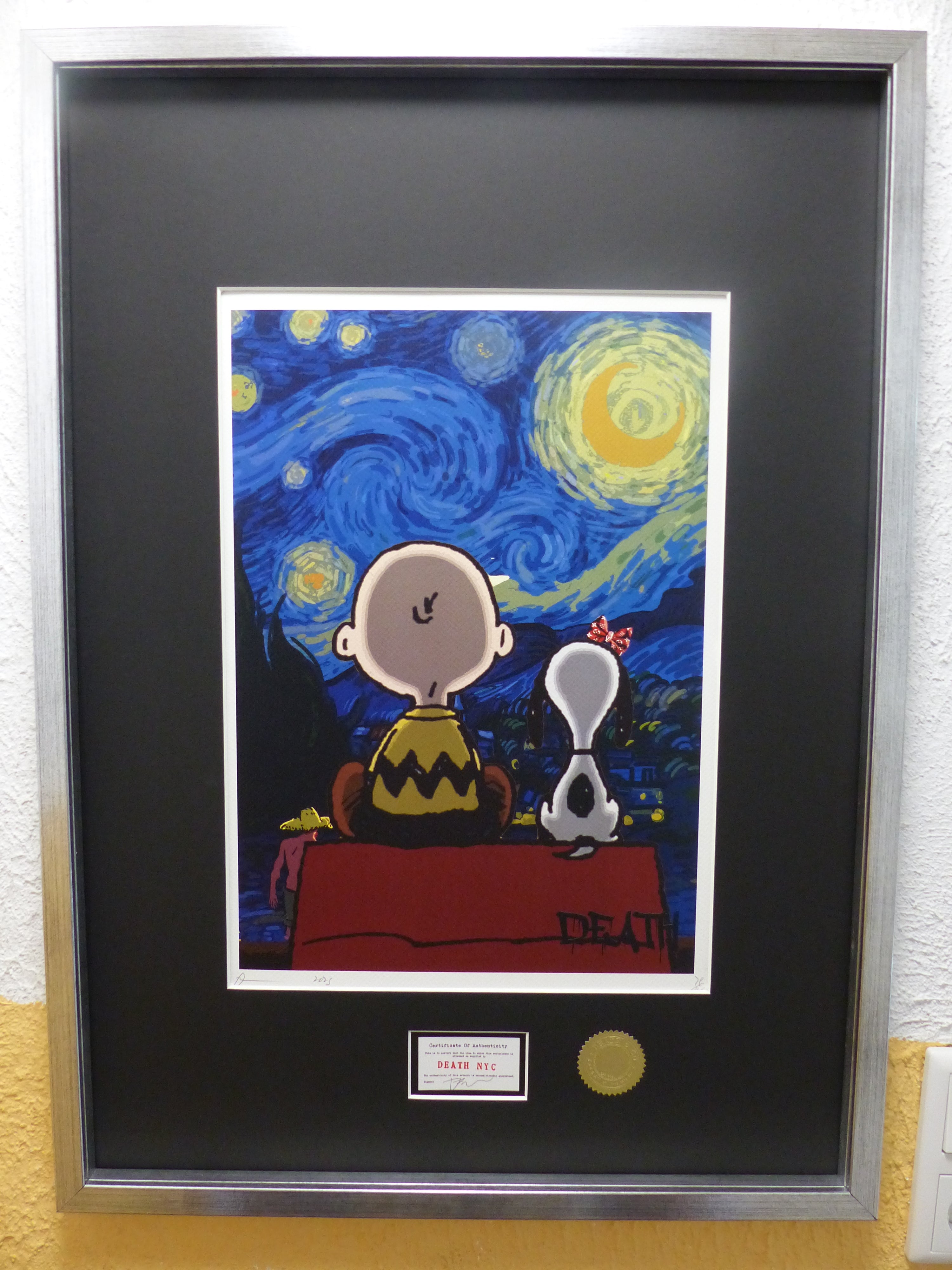DEATH NYC gerahmte Lithografie ltd edit of 100 "Snoopy Charly with van Gogh background" 3D Siegel COA Zertifikat